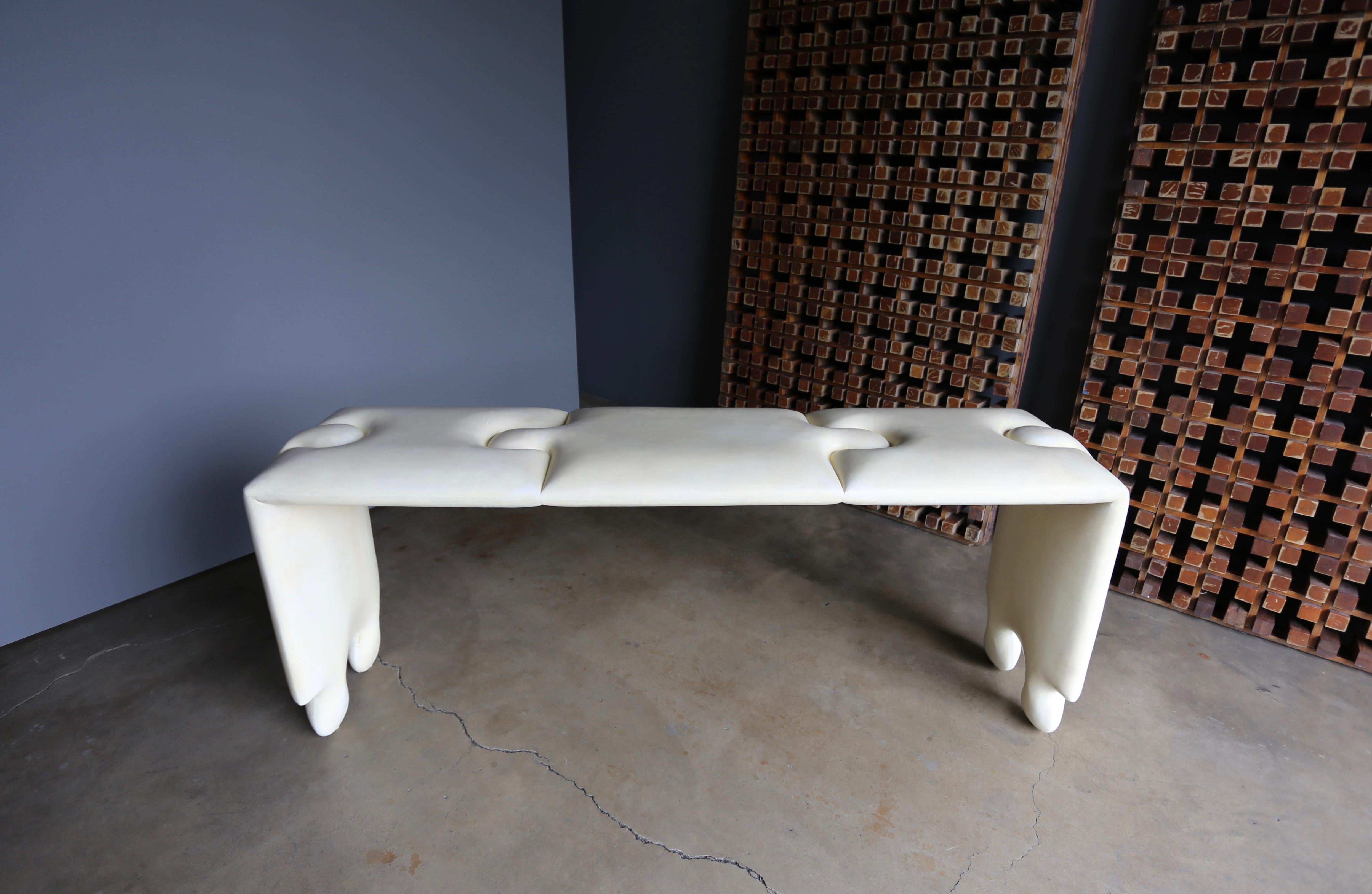 Scala Puzzle console table. Matte finished tufted goatskin ( parchment ). Executed in the early 21st century.