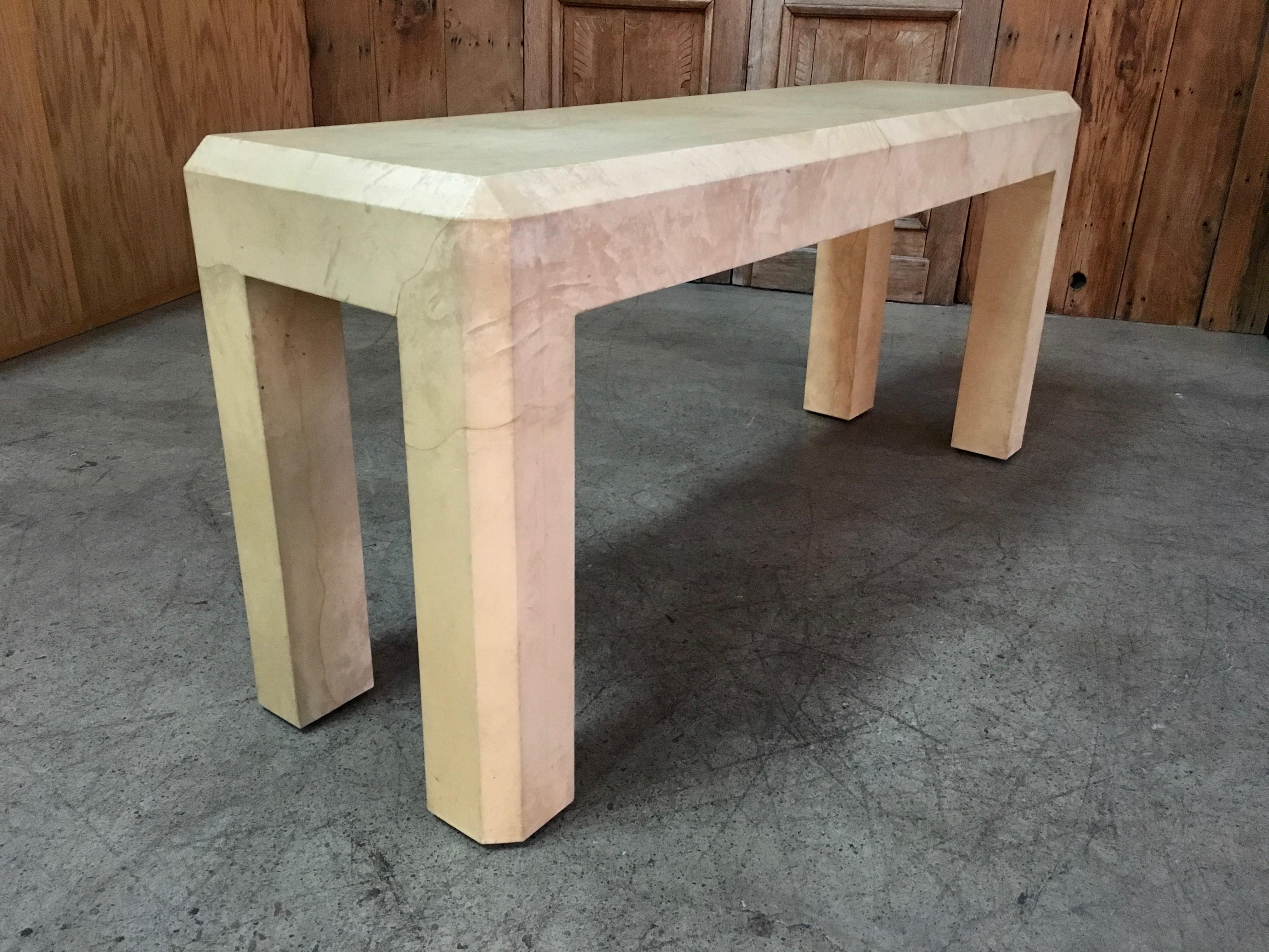 Parchment covered Parsons style console/sofa table with faceted edge design in the style of Steve Chase or Karl Springer.