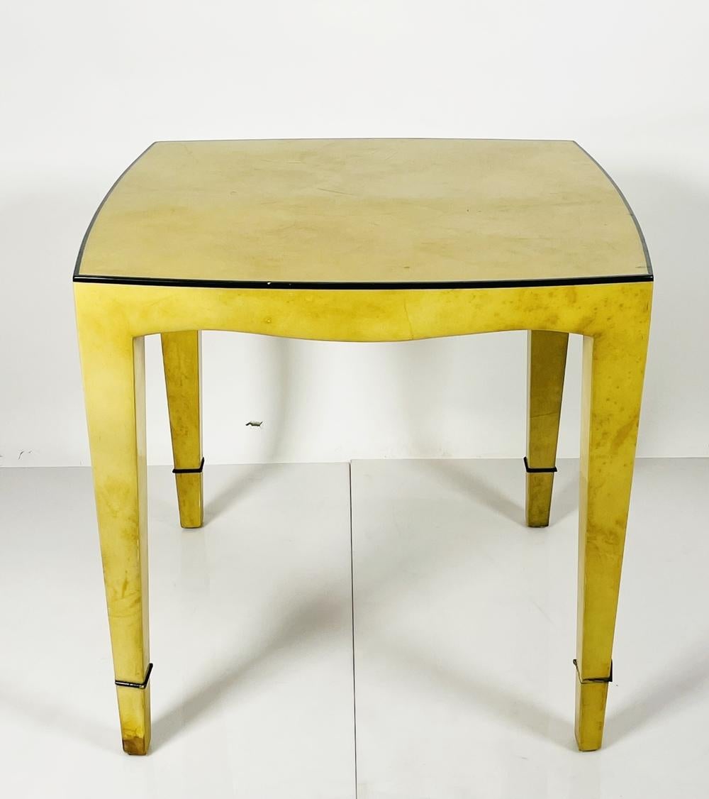 Beautiful dining table embossed in goatskin designed by Enrique Garcel and made in Colombia by Jimeco. 
Measurements:
30 inches square x 28.50 inches high.