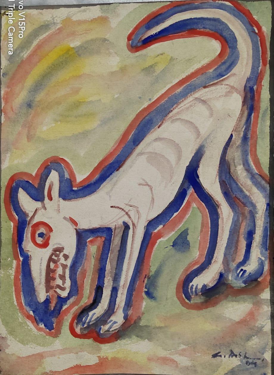 Dog, Gouache auf Papier von modernem indischen Künstler „Auf Lager“ – Painting von Gobardhan Ash