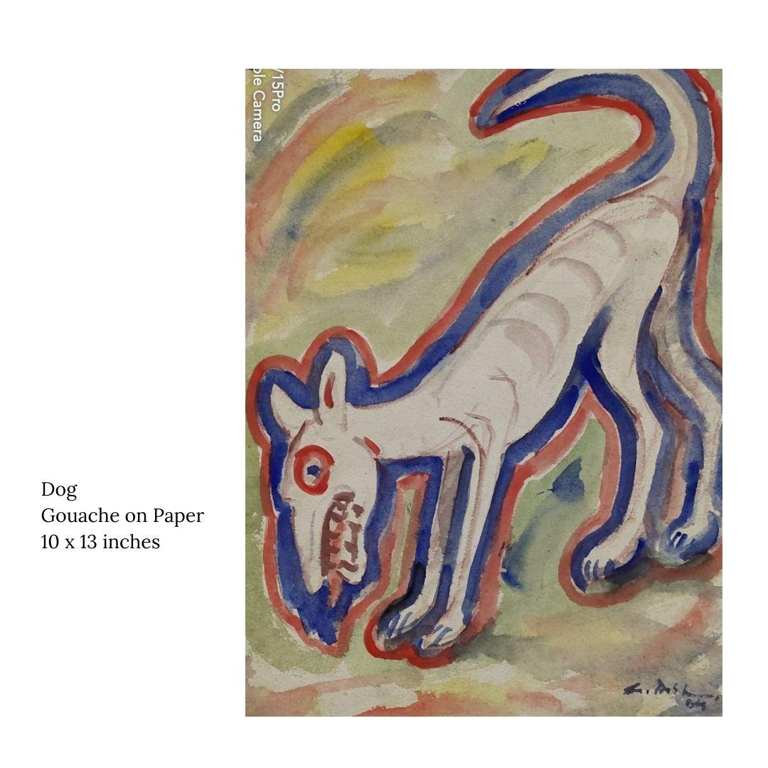 Dog, gouache sur papier de l'artiste indien moderne « En stock »