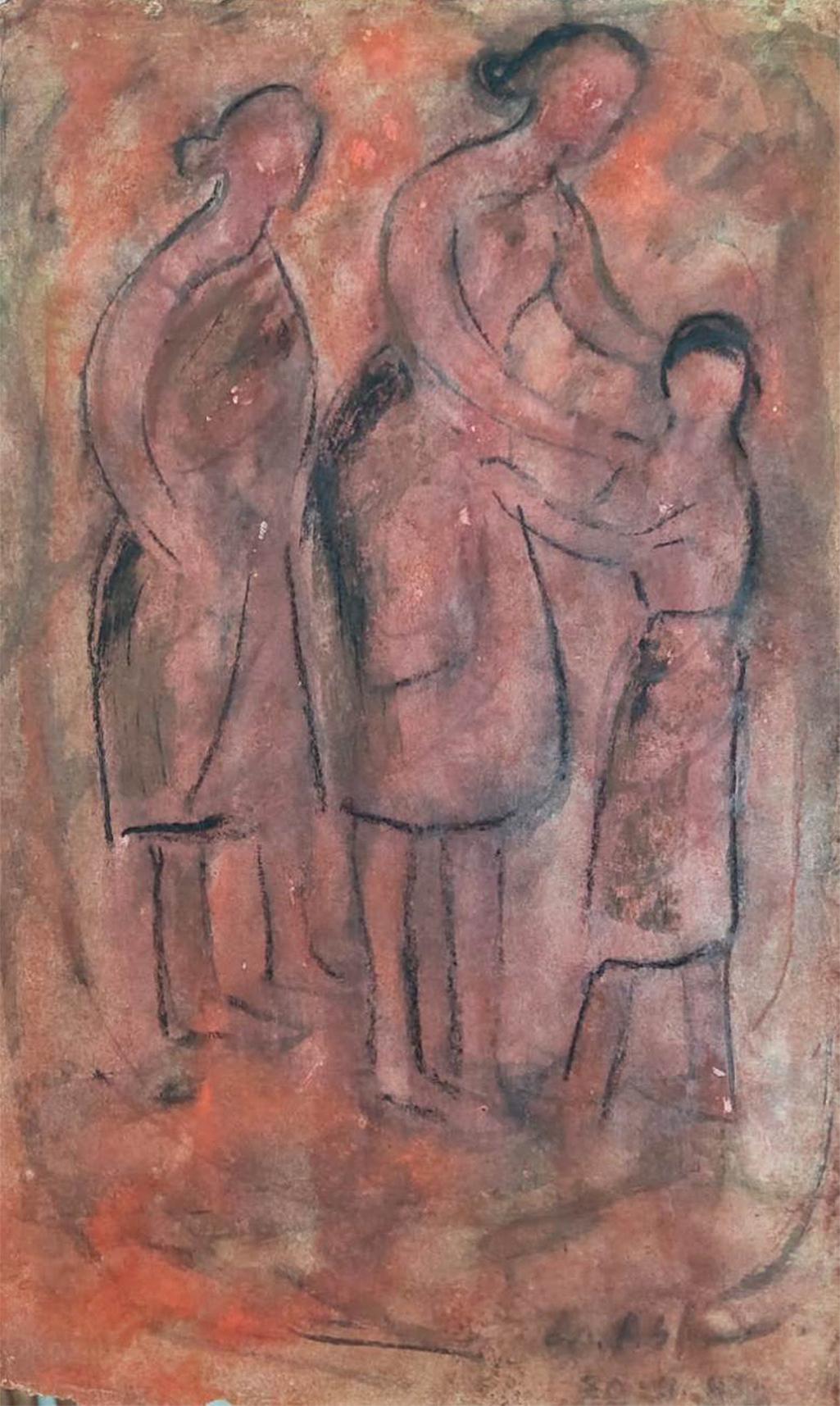 In the Village, Gouache on Paper, Pink & Red color by Gobardhan Ash "In Stock"