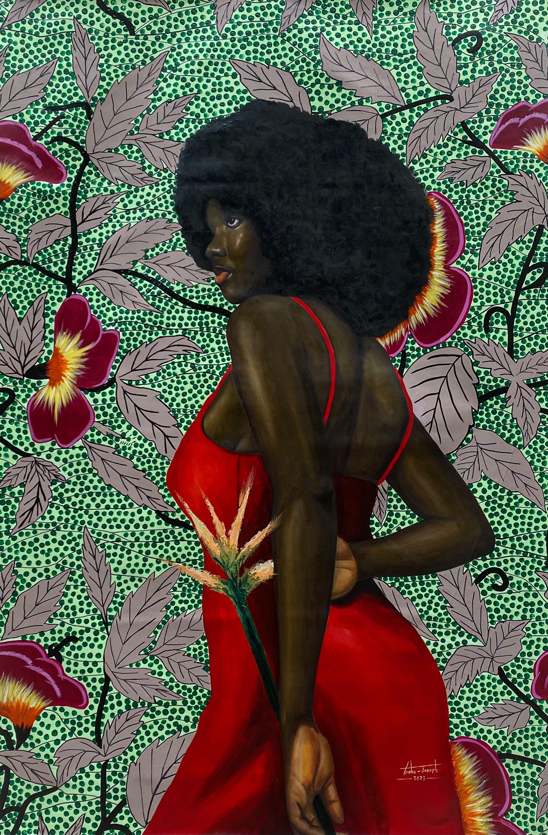 Portrait Painting di Gobe Joseph - Blossoms of Strength 1 - - 21° secolo, Contemporaneo, Ritratto, Donna, Floreale