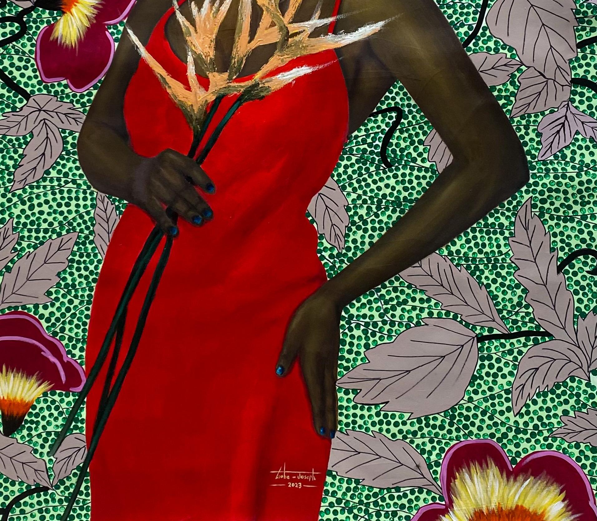 Flores de fuerza 3 -Siglo XXI, Contemporáneo, Pintura figurativa, Mujer - Portrait Painting Negro de Gobe Joseph