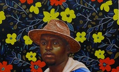 Cow Boy -21st Century Contemporary, Figurative Portrait, Floral, Mixed Media