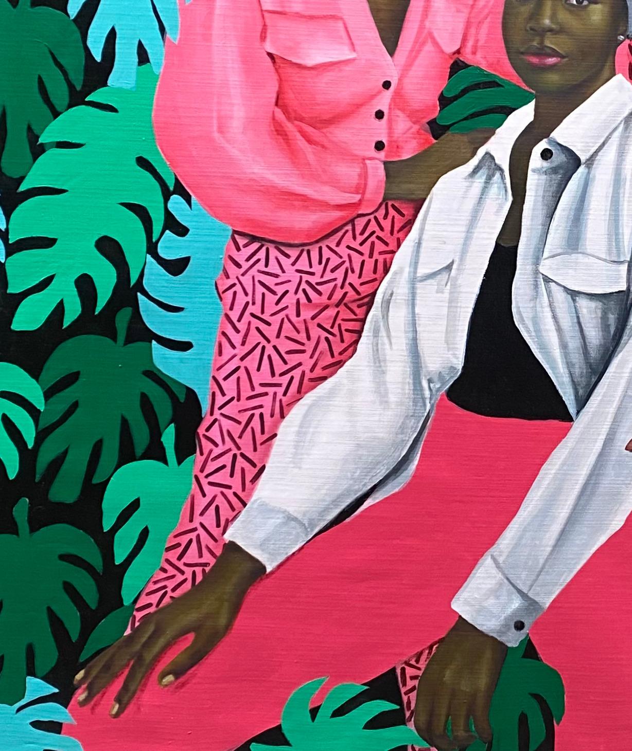 Sisters' Reunion -21st Century Contemporary, Figurative Portrait, Fashion, Women - Black Figurative Painting by Gobe Joseph