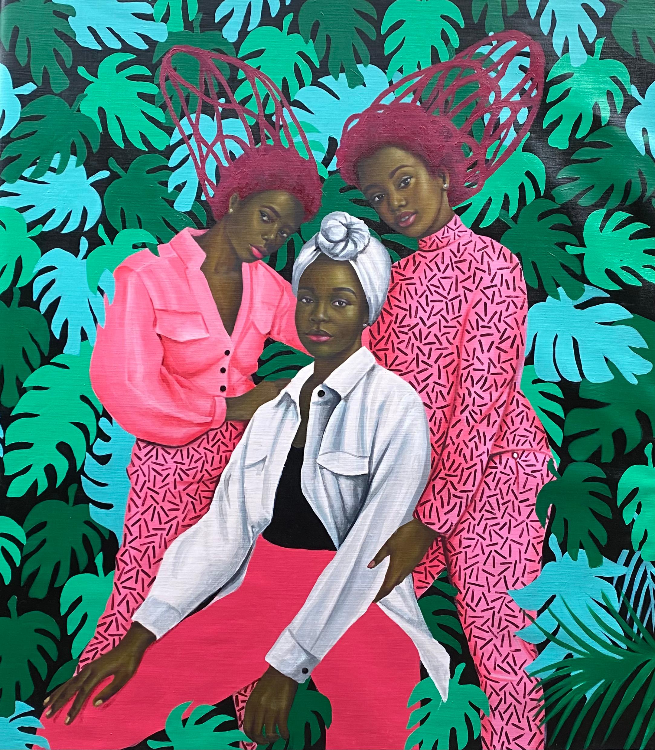 Gobe Joseph Figurative Painting - Sisters' Reunion -21st Century Contemporary, Figurative Portrait, Fashion, Women
