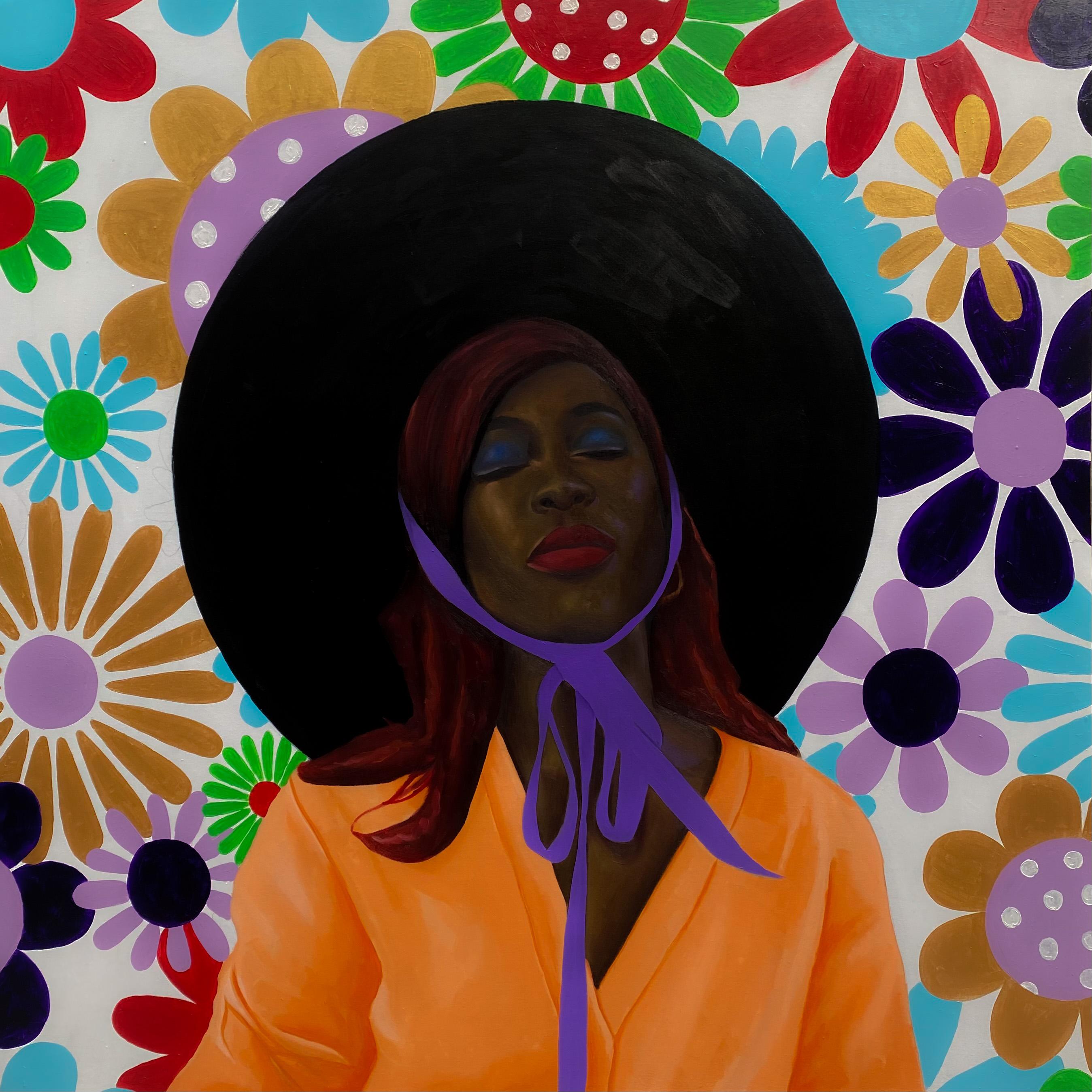 Portrait Painting di Gobe Joseph - Solitudine - 21° secolo, Contemporaneo, Figurativo, Colorato, Donna con cappello