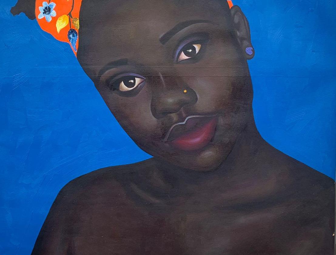 Lo sguardo - Figurative Painting Blu di Gobe Joseph
