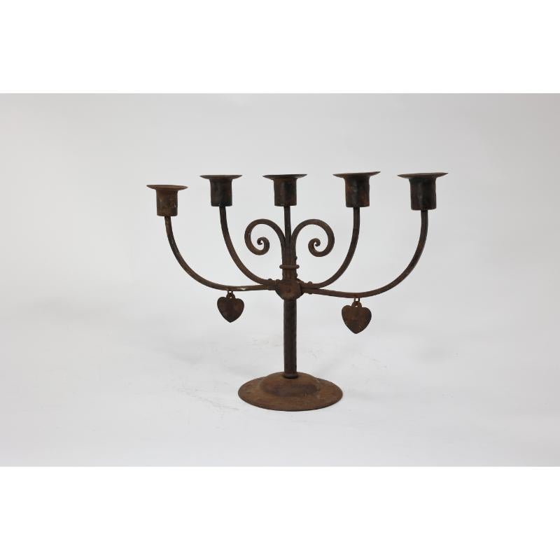 Early 20th Century Goberg Germany Hugo Berger. Arts & Crafts five branch handmade iron candelabra. For Sale