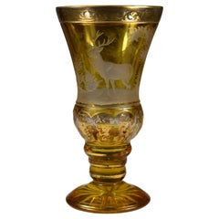 Goblet Engraved, Hunting Motif, Yellow Lazure, Painted in Gold, 19-20th Century