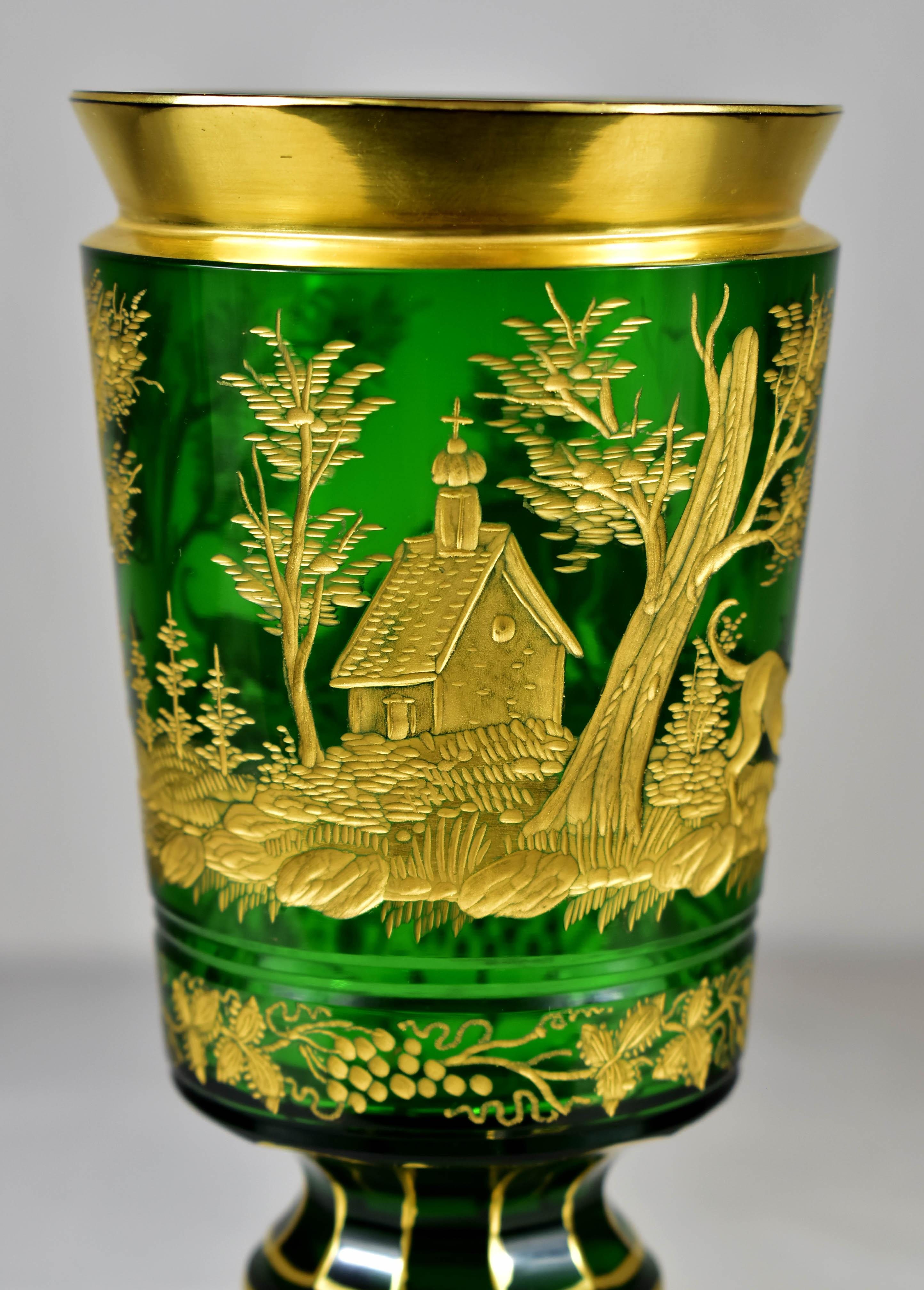 Goblet - Green Glass – Cut- Engraved and Gilded- Bohemian Glass-19-20th century 3