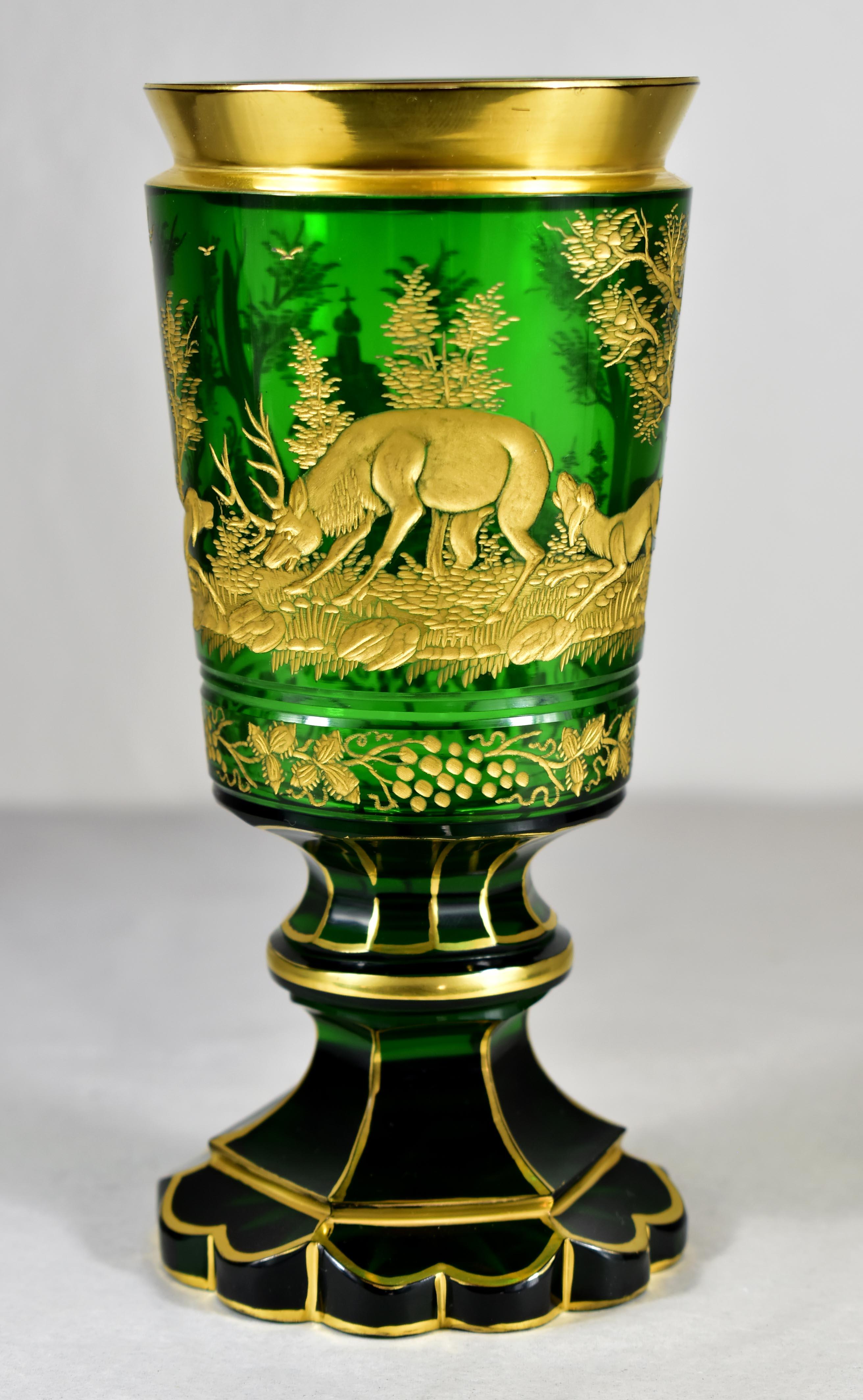 Biedermeier Goblet - Green Glass – Cut- Engraved and Gilded- Bohemian Glass-19-20th century