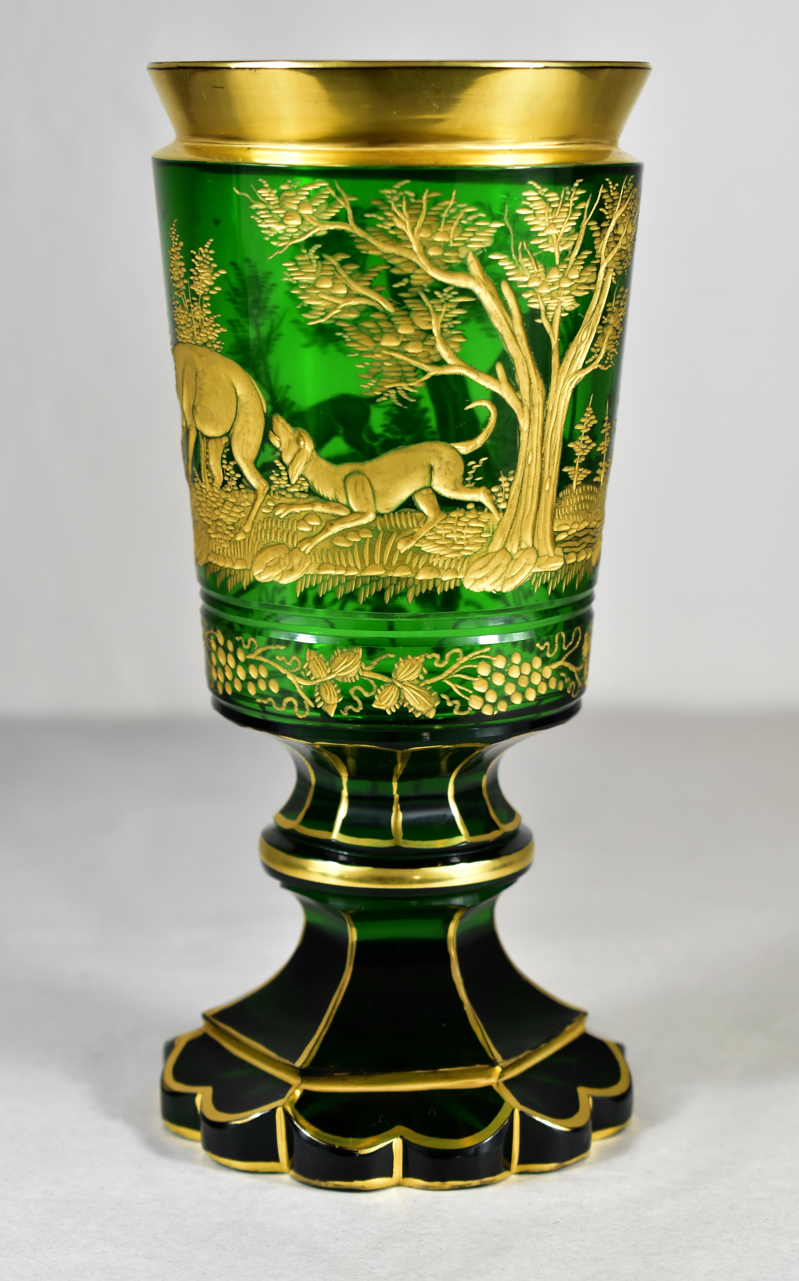 European Goblet - Green Glass – Cut- Engraved and Gilded- Bohemian Glass-19-20th century