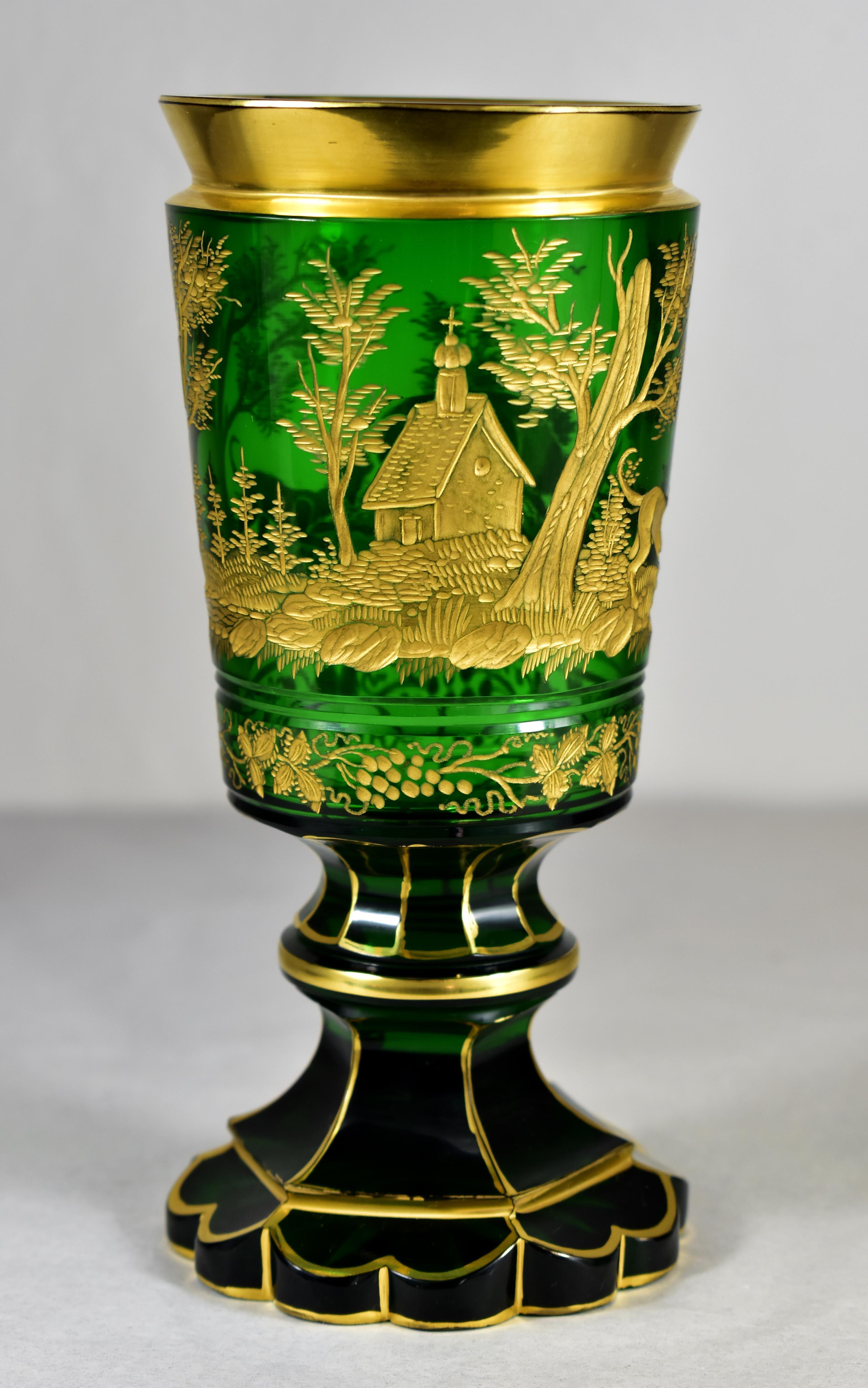 Hand-Crafted Goblet - Green Glass – Cut- Engraved and Gilded- Bohemian Glass-19-20th century
