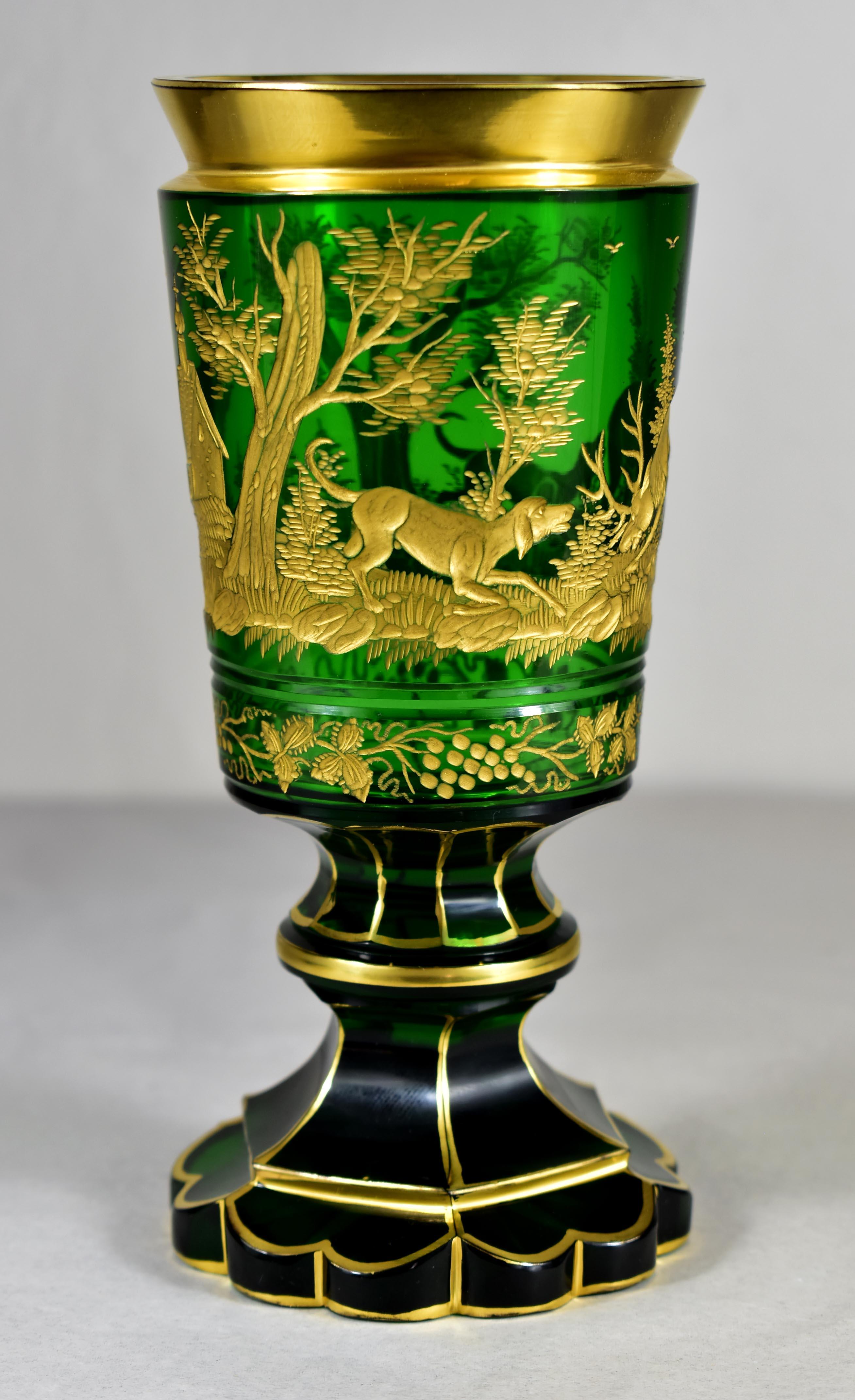 Goblet - Green Glass – Cut- Engraved and Gilded- Bohemian Glass-19-20th century In Good Condition In Nový Bor, CZ