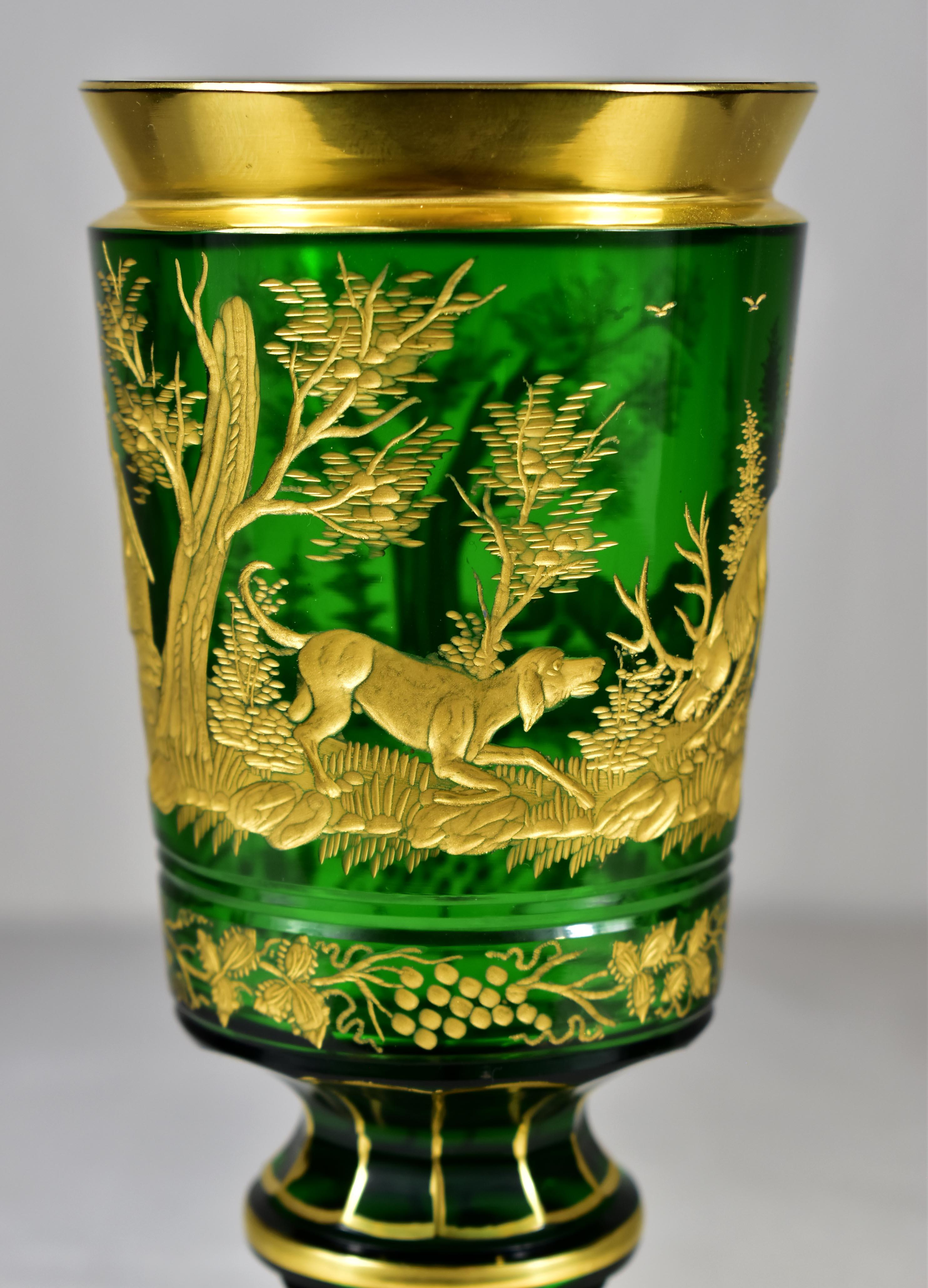 Late 19th Century Goblet - Green Glass – Cut- Engraved and Gilded- Bohemian Glass-19-20th century