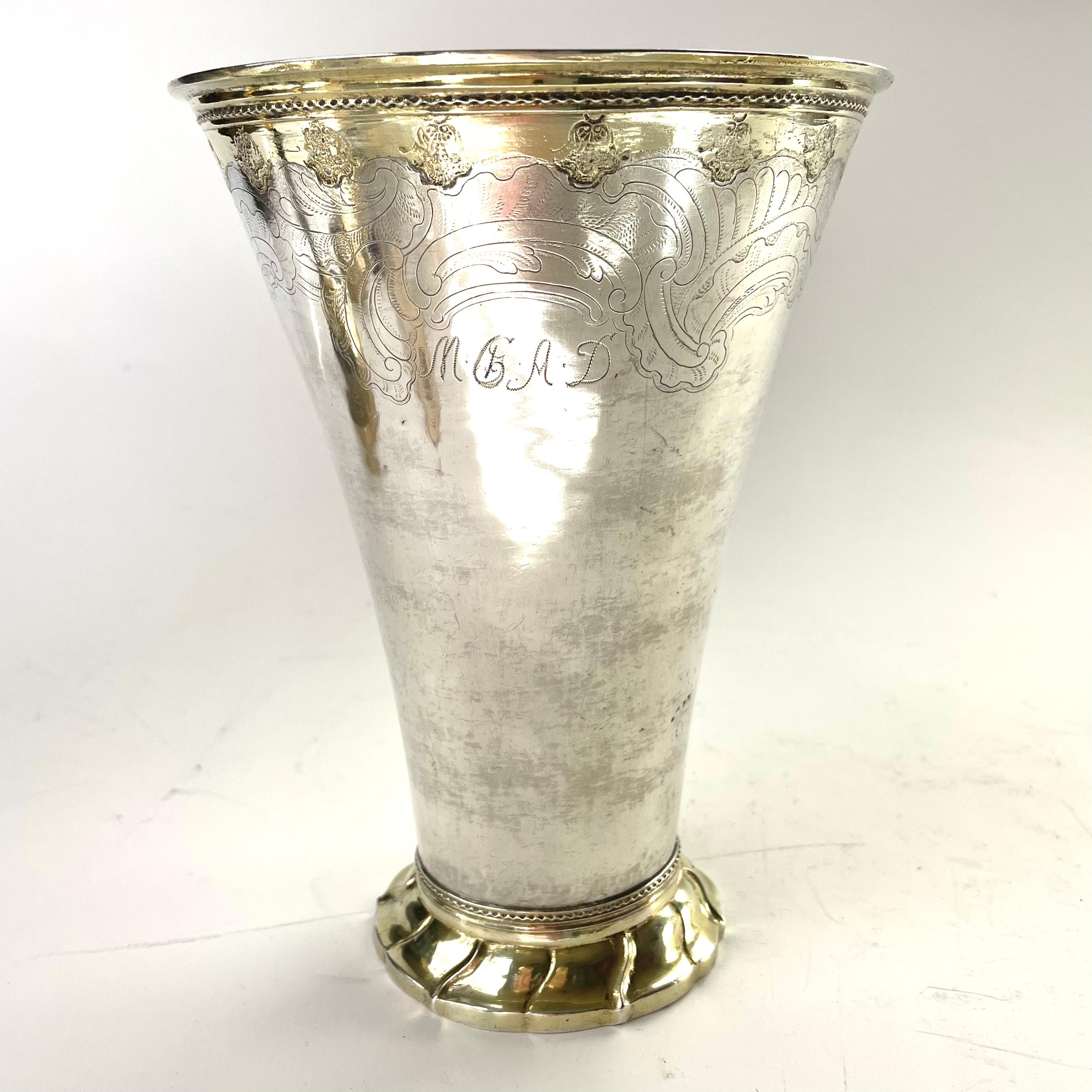 Elegant, rare and quite large Goblet in Silver, partly gilded in Swedish Rococo by Stephan Westerstråhle the elder, Västervik, Småland, Sweden dated 1765 (G-stamp). Two inscription from previous owners, one of which is in connection with a