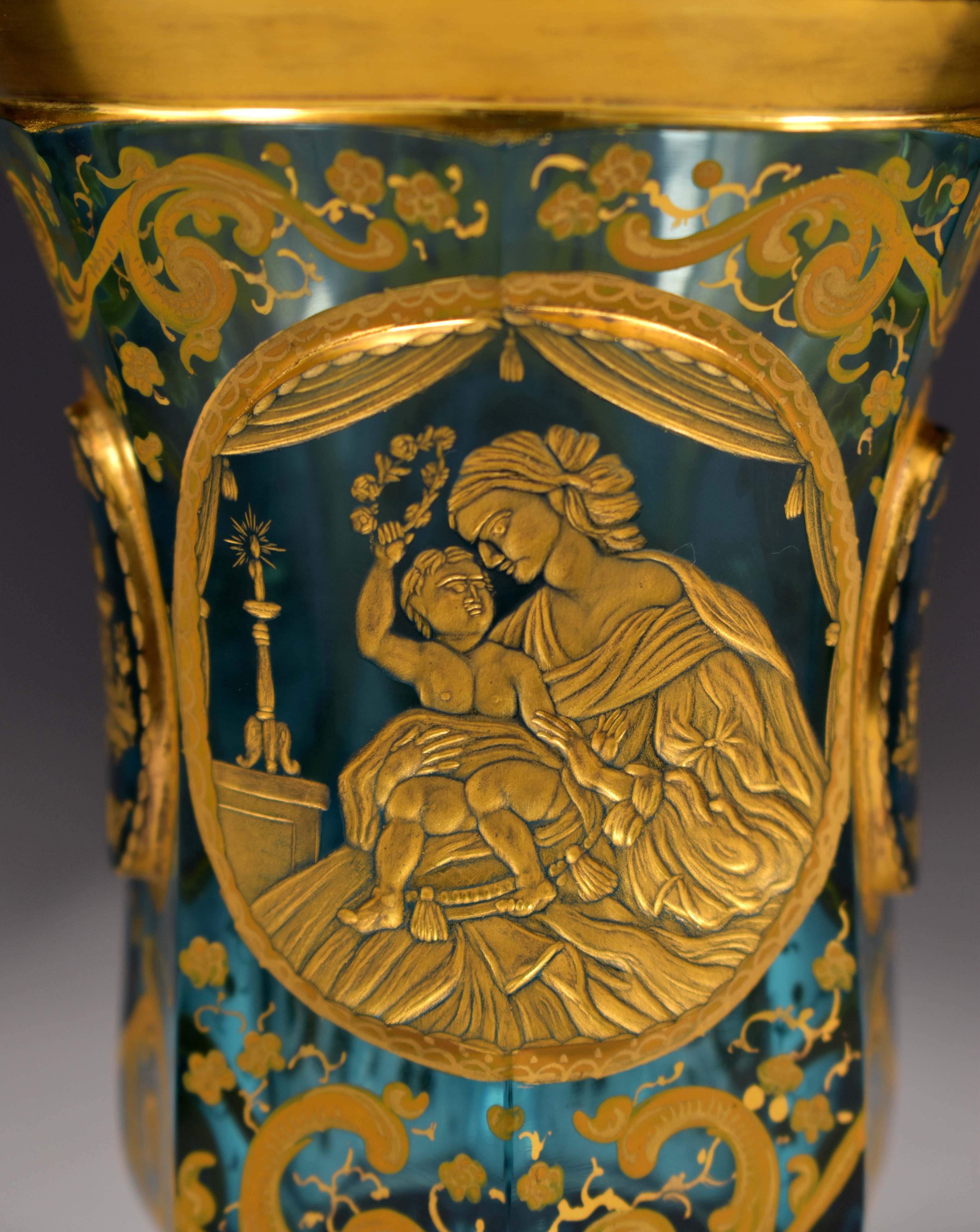 Glass Goblet with a Gilded Engraving of Saint Mary with Jesus 19th Century