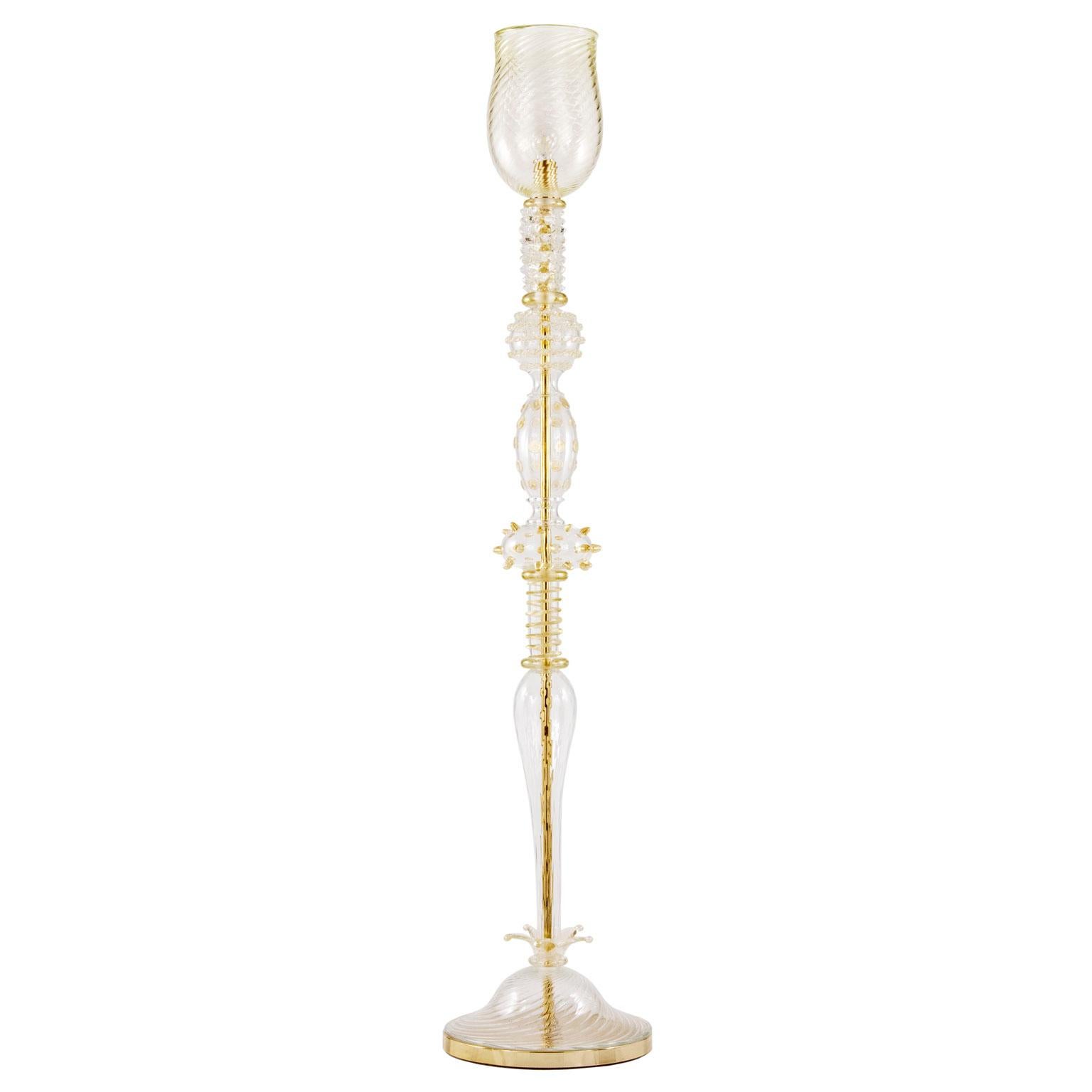 italien Lampadaire 1 lumière en verre de Murano soufflé transparent à la feuille d'or par Multiforme en vente