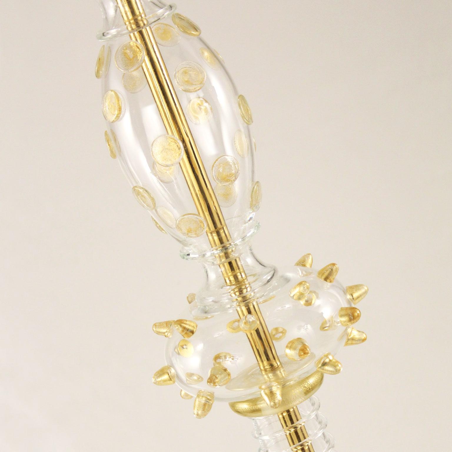 Italian Floor lamp 1 light Blown clear Murano Glass Golden Leaf by Multiforme  For Sale