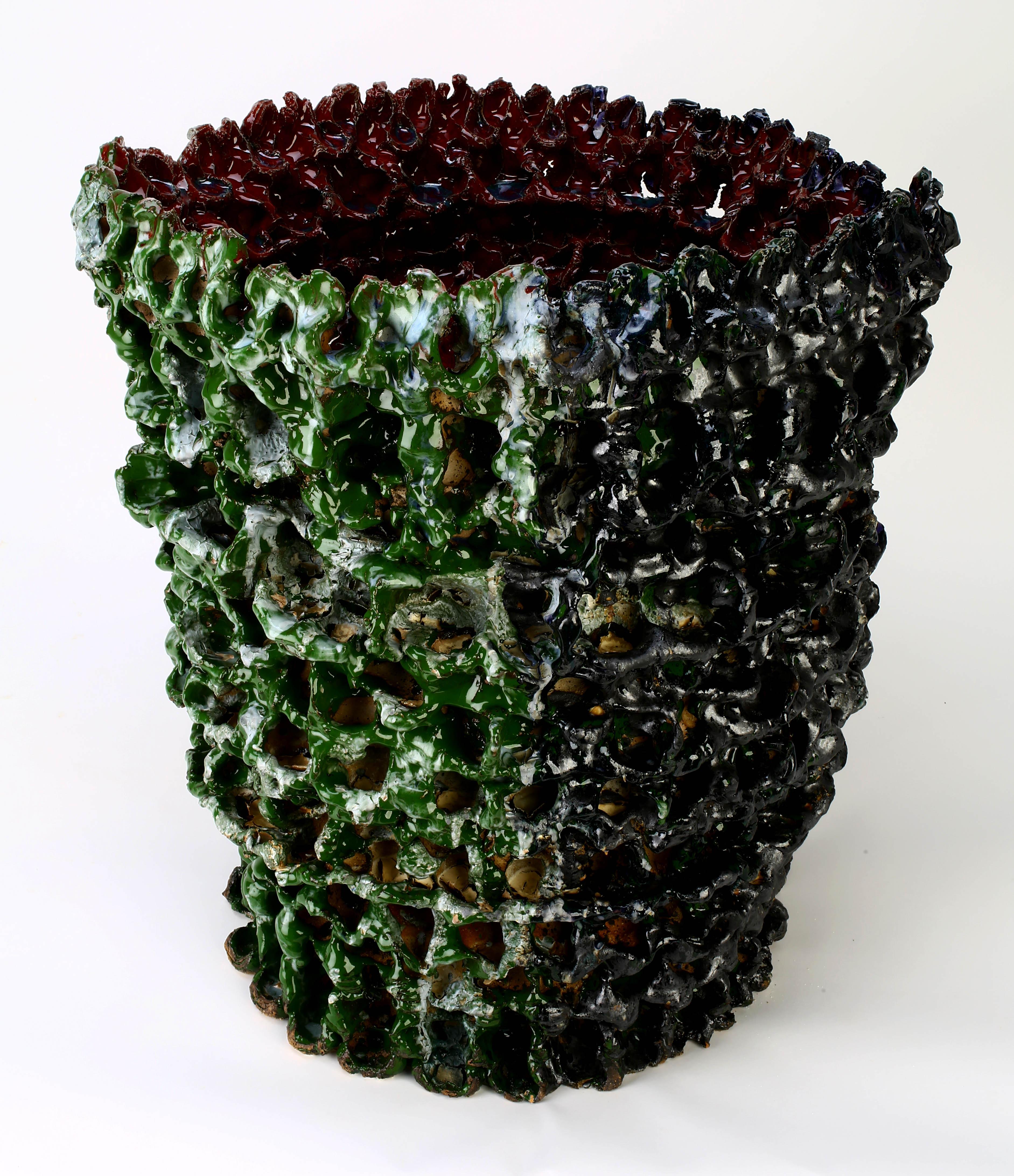 The three stoneware vessels are hand built using the coiling technique, a foundational process of ceramics in which coils of clay are stacked on top of each other and smoothed with the hands to create a form.

Note from the artist:

