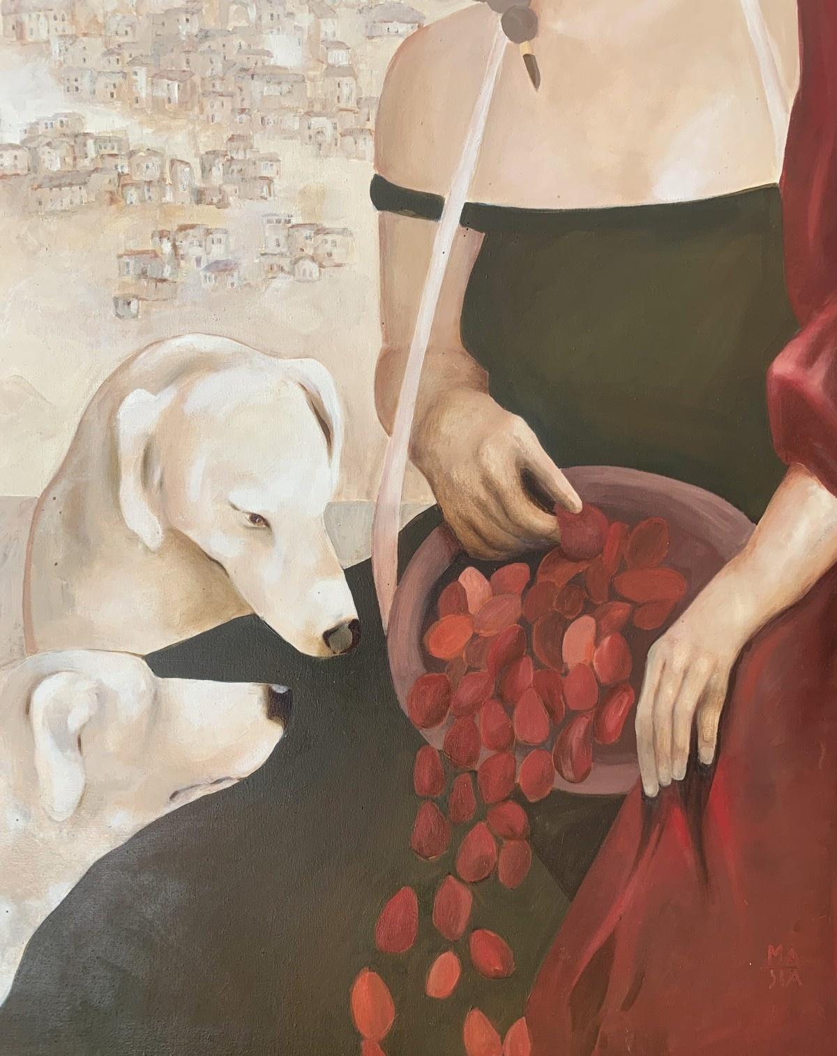 Perros blancos. Pintura figurativa contemporánea al óleo sobre lienzo, artista polaco - Painting Contemporáneo de Gocha Stankiewicz