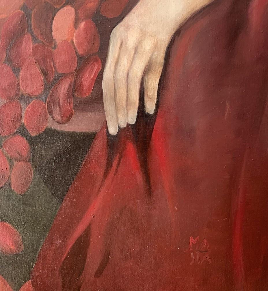 Pintura figurativa contemporánea al óleo sobre lienzo de la artista polaca Gocha Stankiewicz. La pintura muestra a una mujer con dos perros blancos y una arquitectura detrás de ellos. La pintura es principalmente beige, marrón y roja. La mujer está