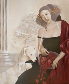 Perros blancos. Pintura figurativa contemporánea al óleo sobre lienzo, artista polaco