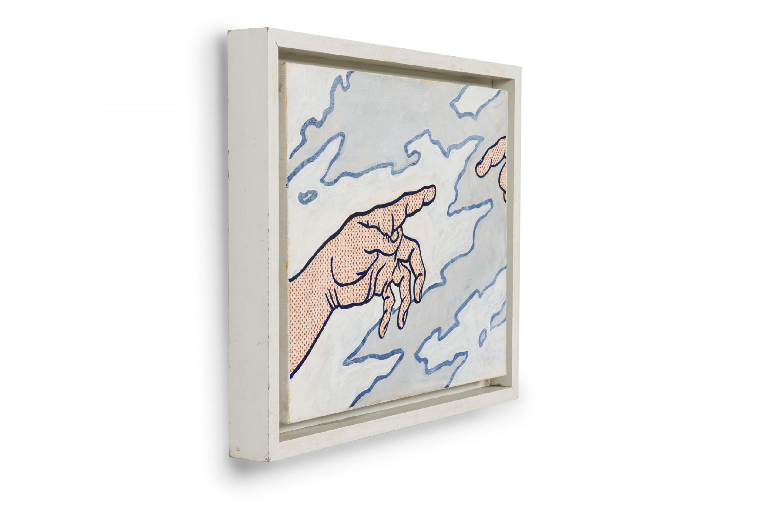 Kopie eines Gemäldes mit Pop-Art Benday Dot, das die Hand Gottes und Adams während der Schöpfung zeigt