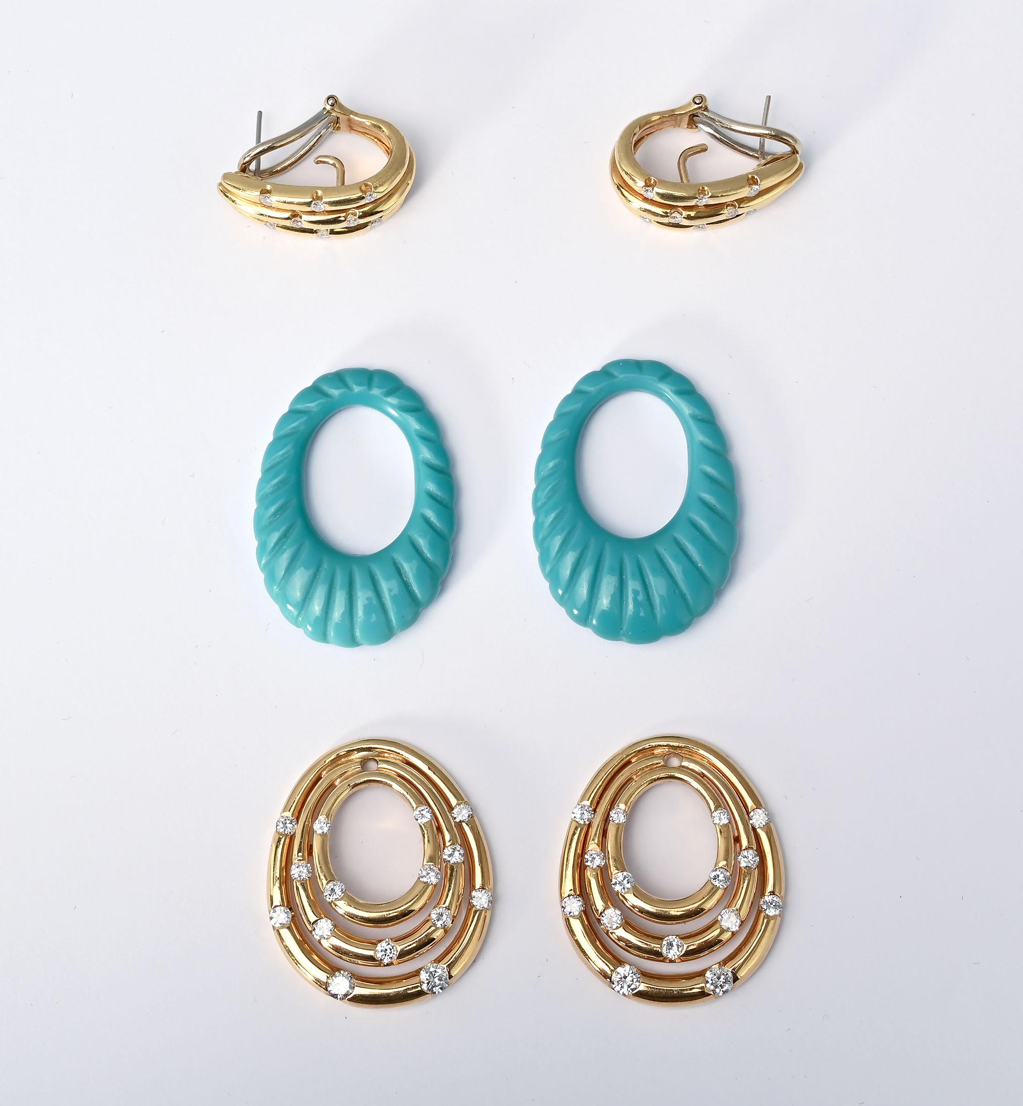 Never has there been a pair of earrings that can be worn in more combinations. 
Most straightforward is wearing the two triple rows of gold with diamonds together as a dangle. The top portion can be worn by itself as a triple hoop with diamonds.  In