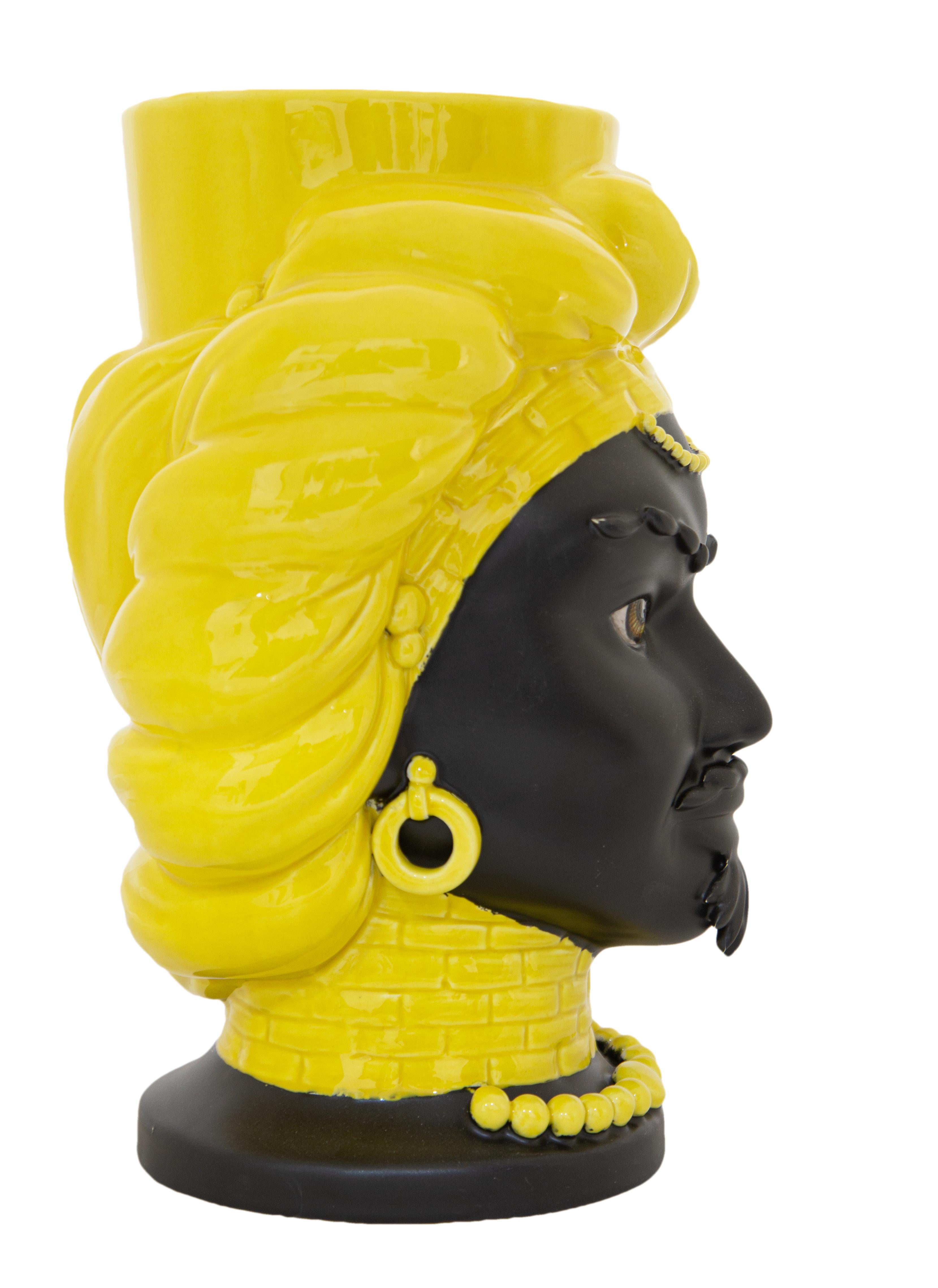 Modern God E17, Man's Moorish Head, Handmade in Sicily, Luxury Vase, Size L, Bichrome For Sale