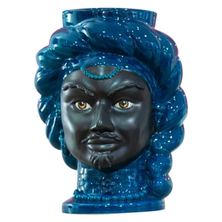 God E17, Man's Moorish Head, Handmade in Sicily, Luxury Vase, Size M, Bichrome For Sale
