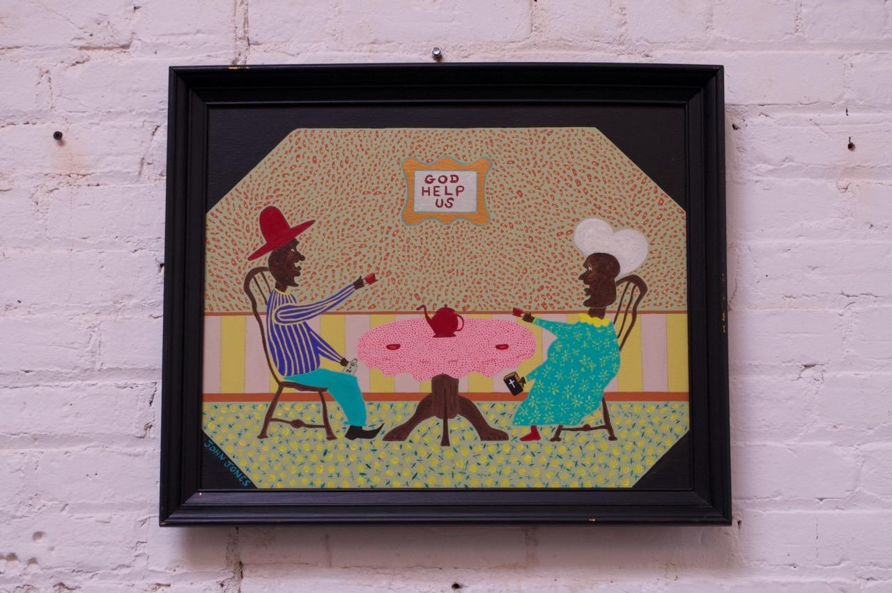 Charming, comical oil on canvas by African American Artist, John Jones (circa late 1990s-early 2000s, USA), whose subject matter is a husband and wife couple having tea, while she holds a bible, and he conceals a bottle of gin. Intricately detailed