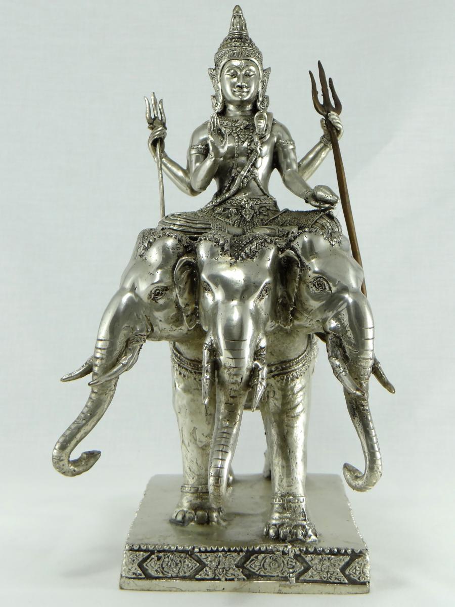 God Indra on Airavata in Silvered Bronze, Thailand, 1930s-1950s 5
