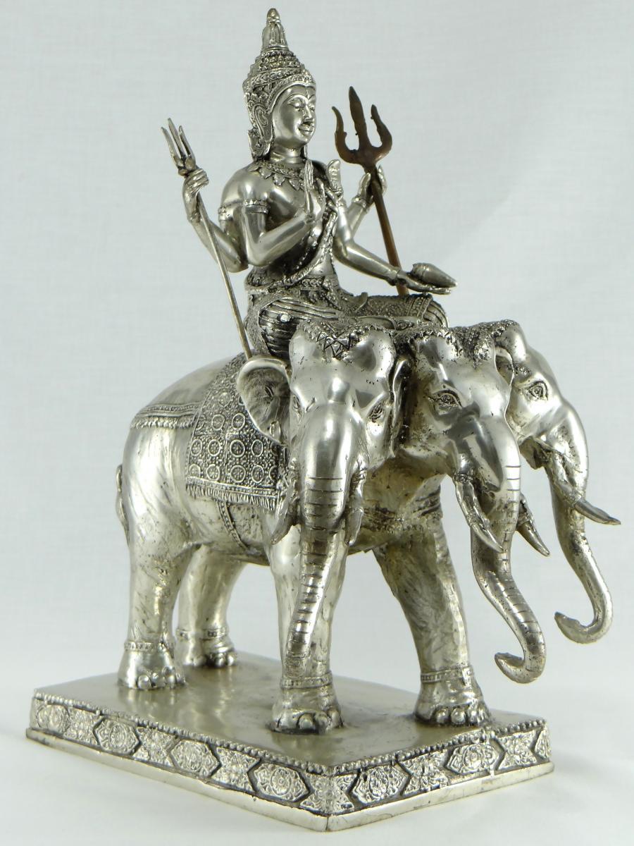 God Indra on Airavata in Silvered Bronze, Thailand, 1930s-1950s 6