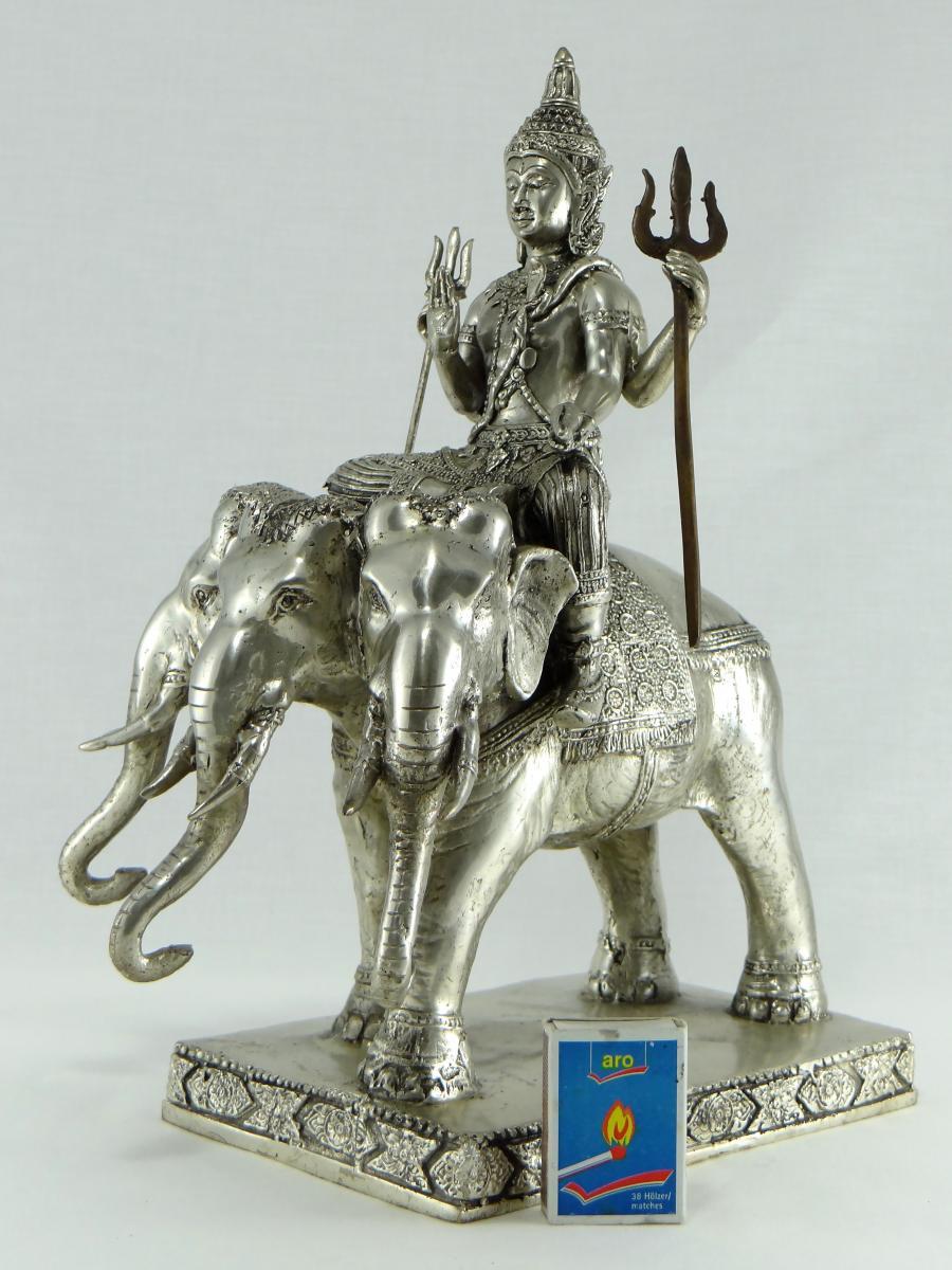 God Indra on Airavata in Silvered Bronze, Thailand, 1930s-1950s 7