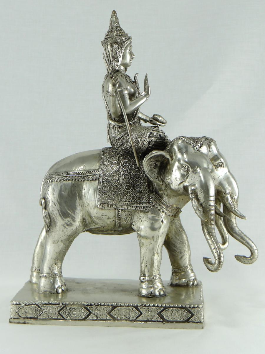 Chinoiserie God Indra on Airavata in Silvered Bronze, Thailand, 1930s-1950s