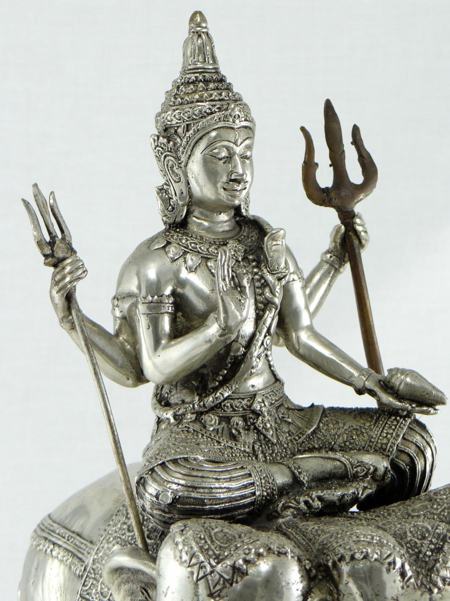 God Indra on Airavata in Silvered Bronze, Thailand, 1930s-1950s In Fair Condition In Tours, FR