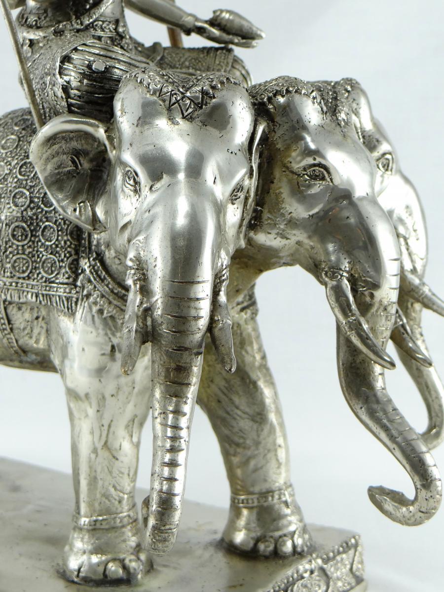 20th Century God Indra on Airavata in Silvered Bronze, Thailand, 1930s-1950s