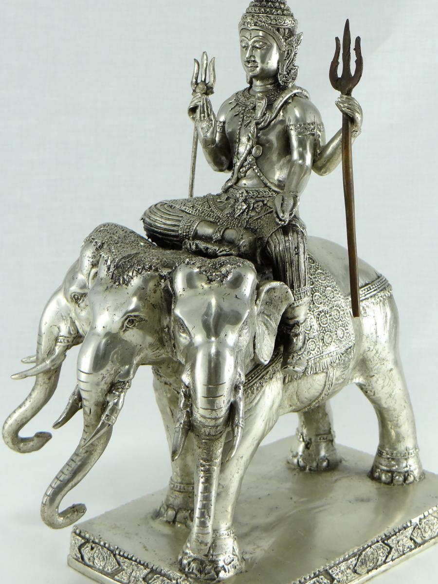 God Indra on Airavata in Silvered Bronze, Thailand, 1930s-1950s 3