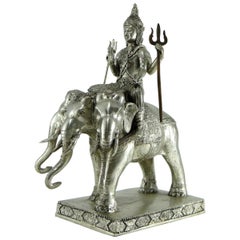 Vintage God Indra on Airavata in Silvered Bronze, Thailand, 1930s-1950s