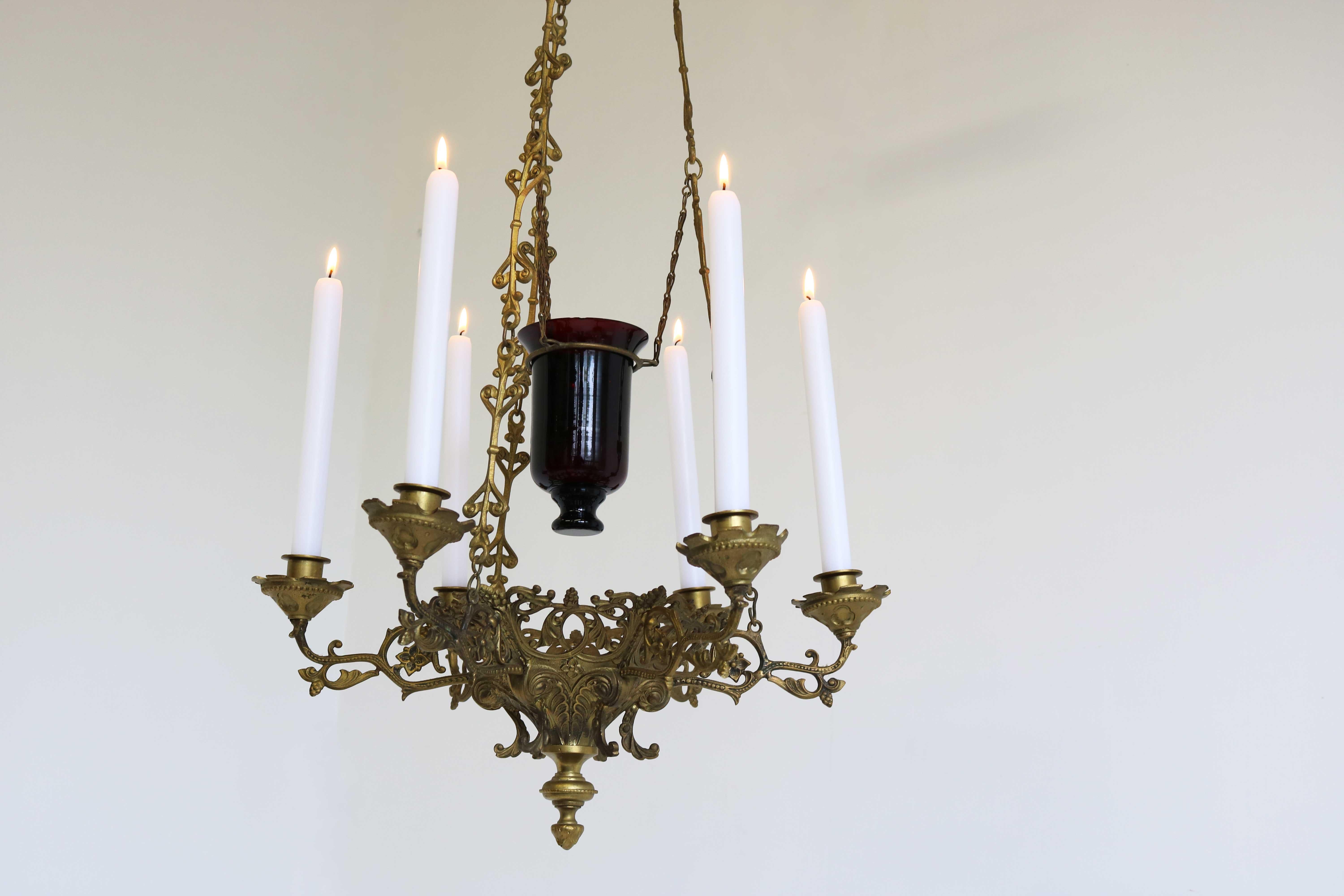 God Lamp / Church Chandelier Brass Early 20th Century Sanctuary Lamp Art Nouveau For Sale 1