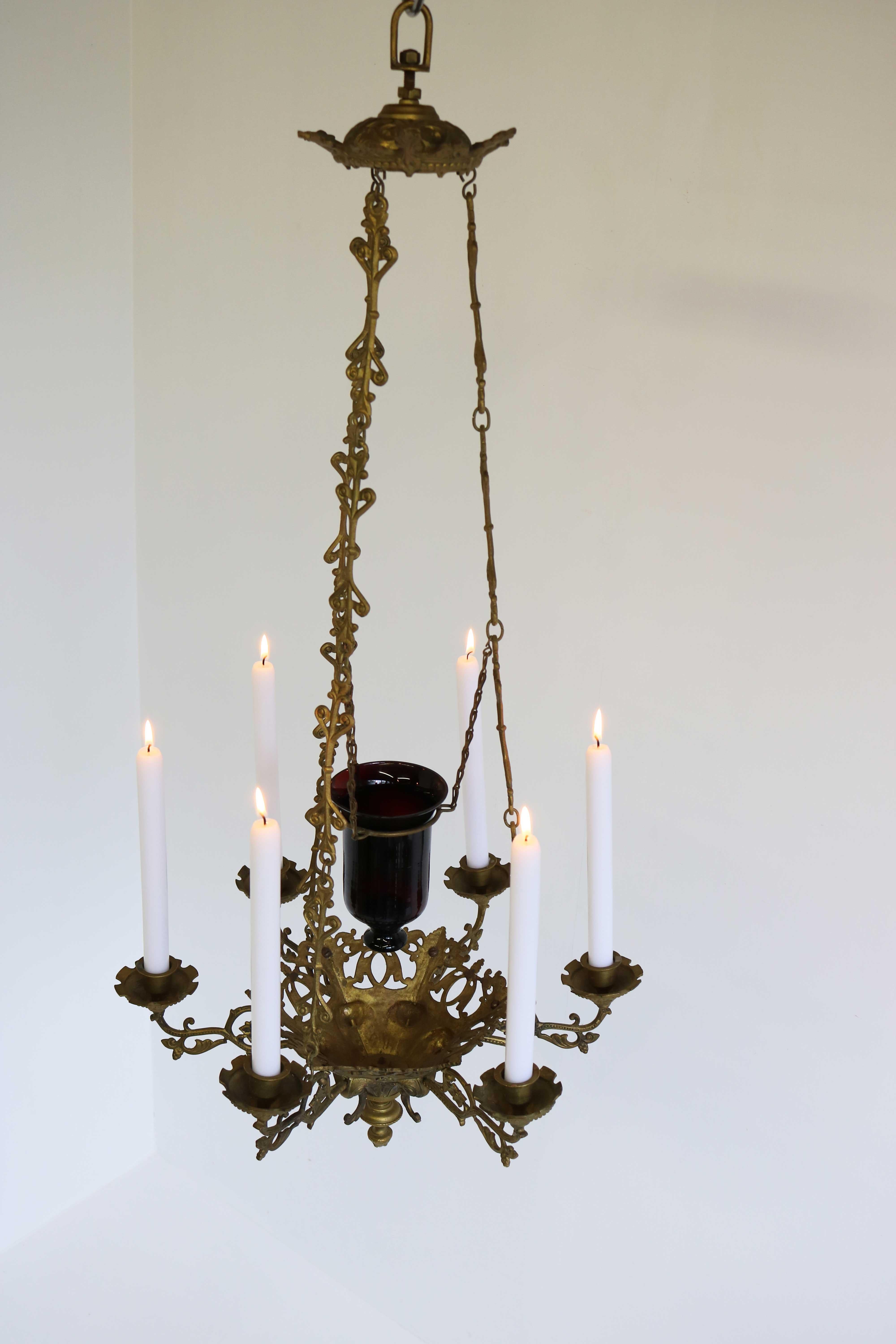 God Lamp / Church Chandelier Brass Early 20th Century Sanctuary Lamp Art Nouveau For Sale 2