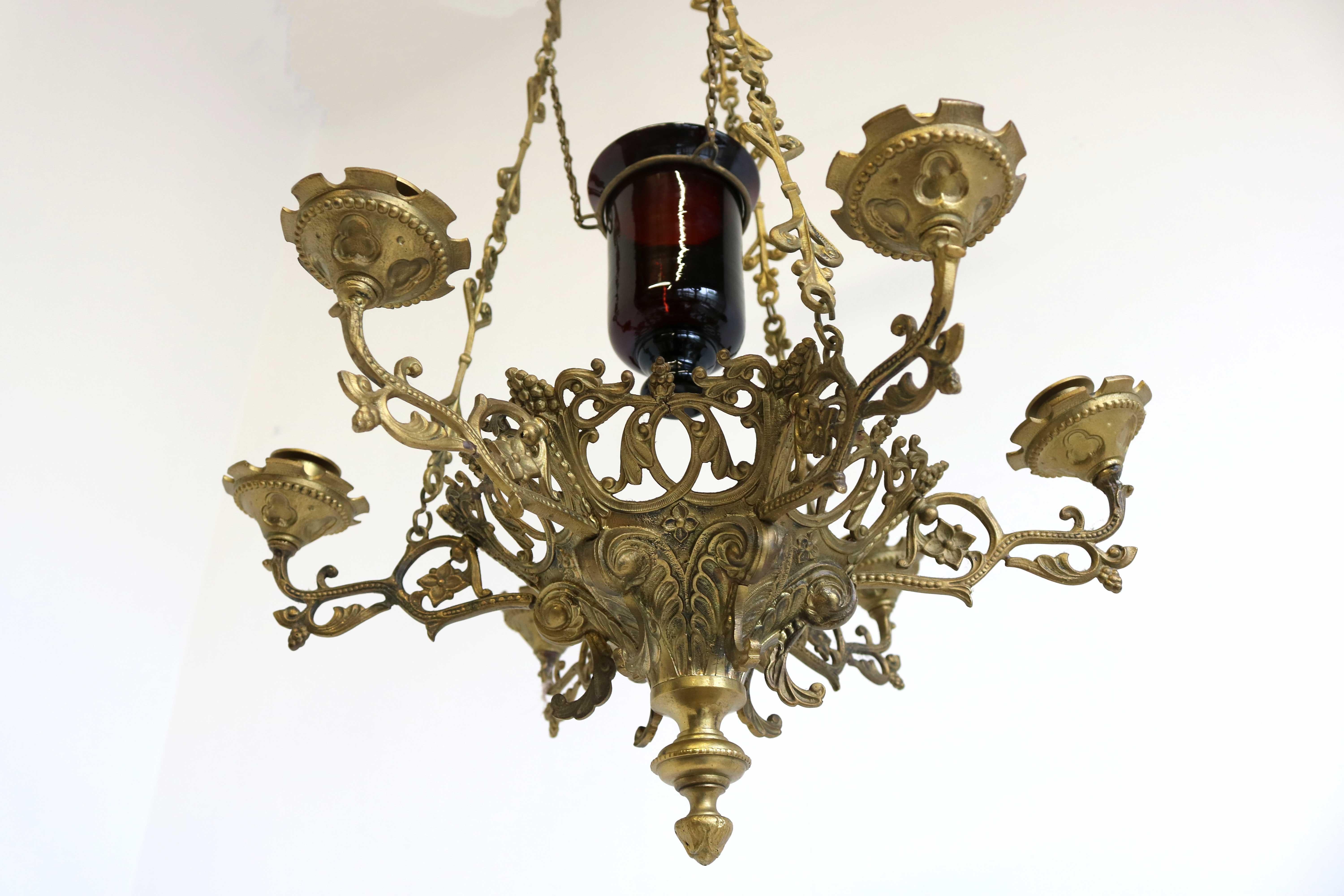 God Lamp / Church Chandelier Brass Early 20th Century Sanctuary Lamp Art Nouveau For Sale 9