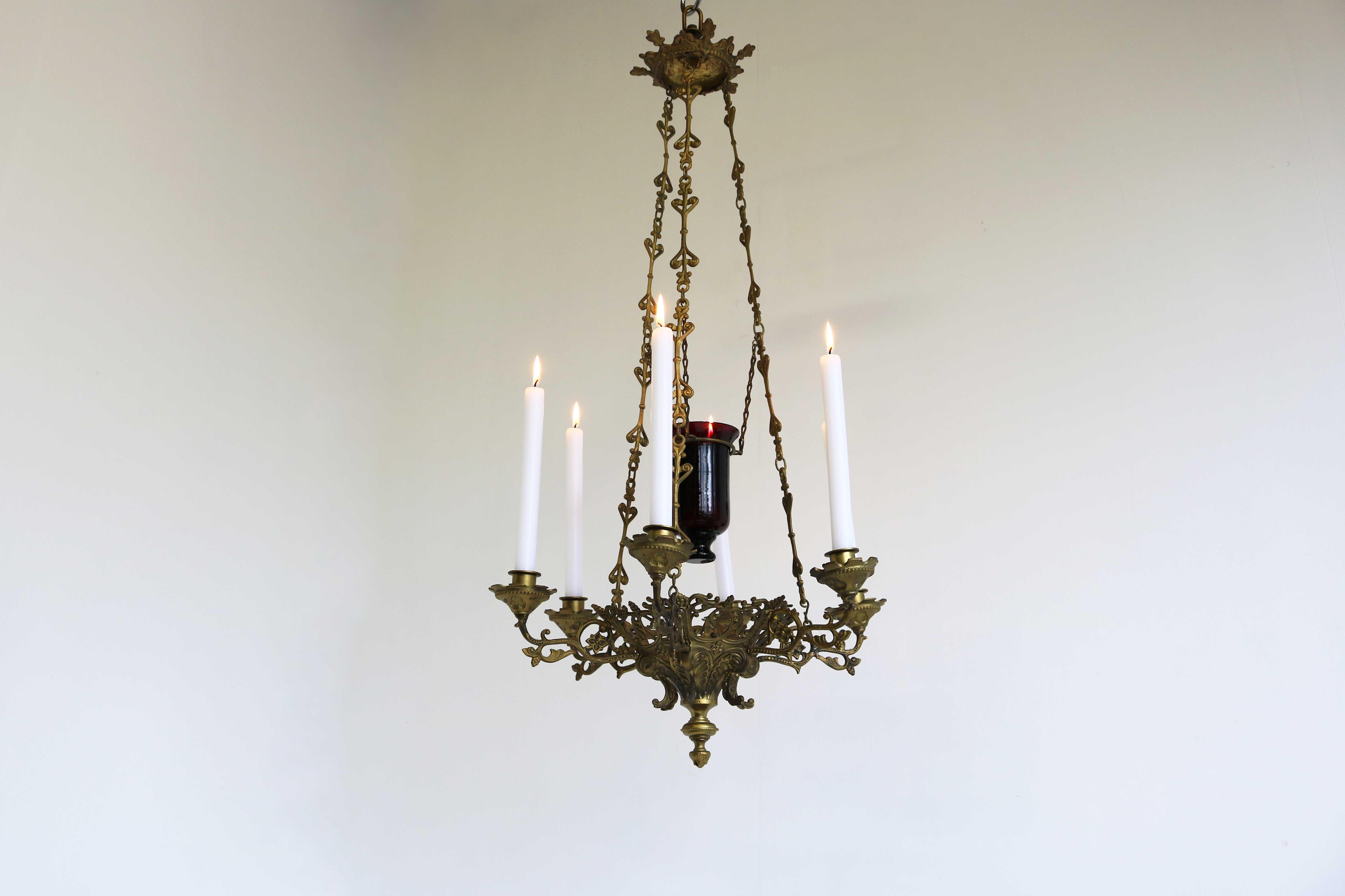 God Lamp / Church Chandelier Brass Early 20th Century Sanctuary Lamp Art Nouveau In Good Condition For Sale In Ijzendijke, NL