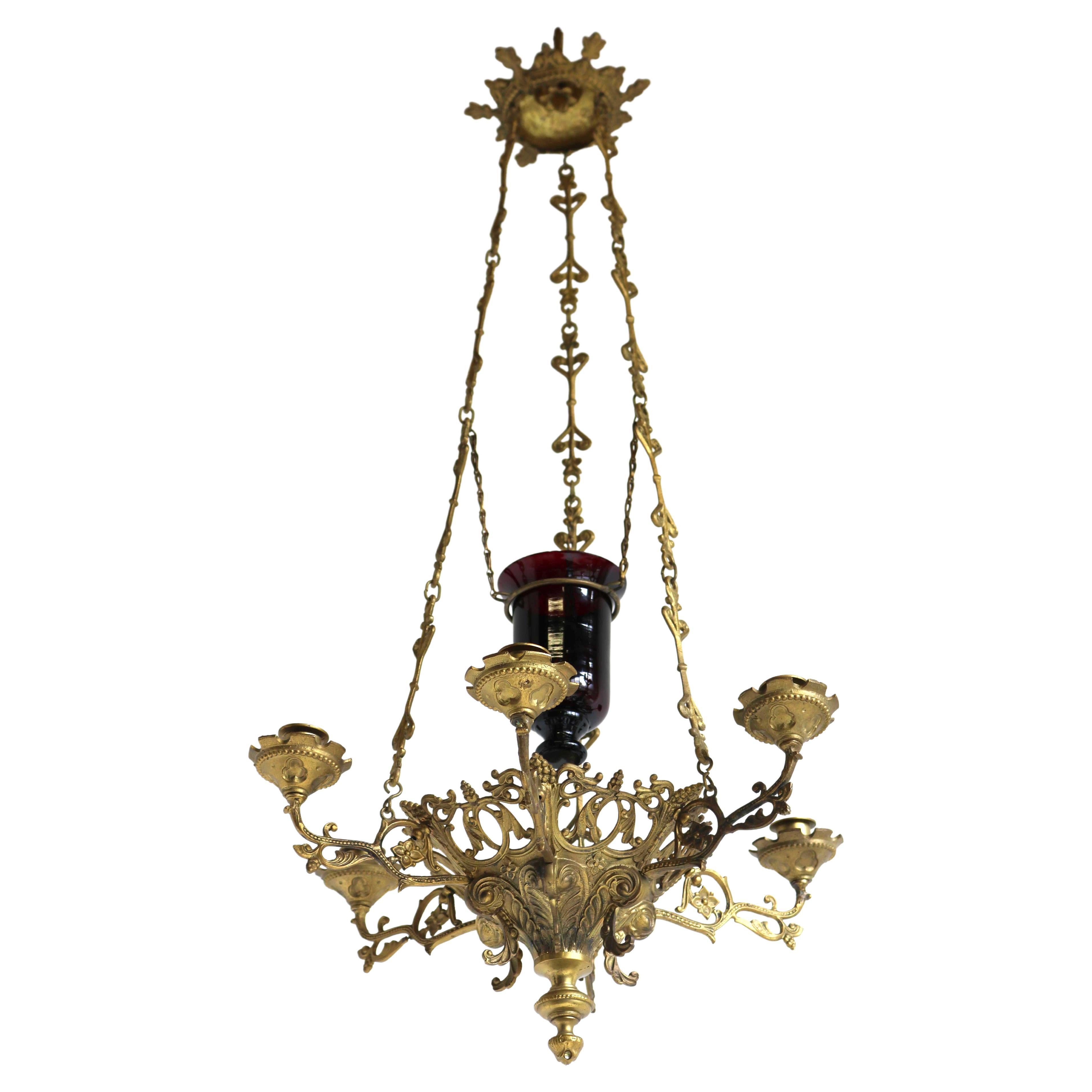 God Lamp / Church Chandelier Brass Early 20th Century Sanctuary Lamp Art Nouveau For Sale