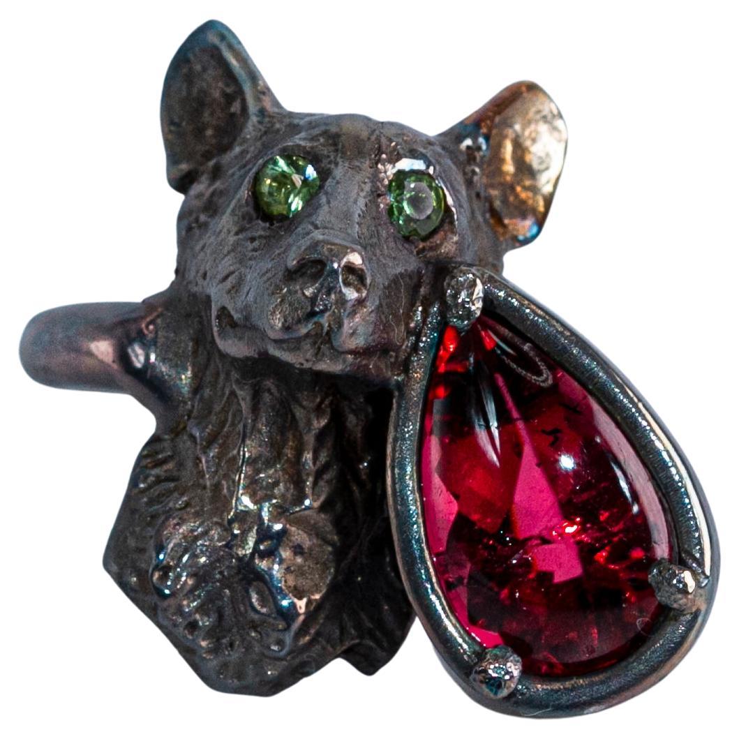 "God Save the Queen, Dog Love the Queen" Ring Rubellite and Blackened Silver For Sale