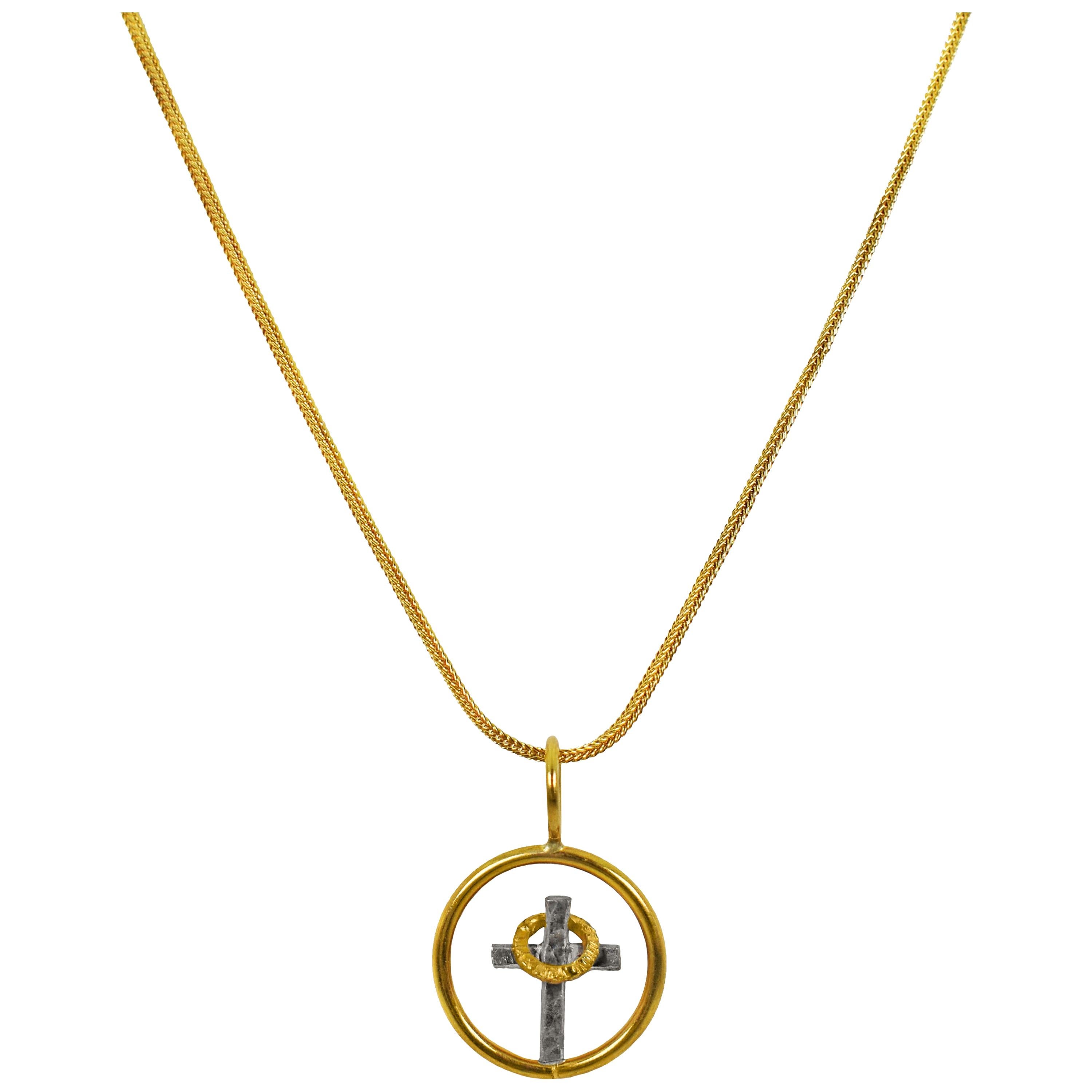 God So Loved the World, Stories in a Circle 22k Gold Two-Tone Pendant Necklace For Sale