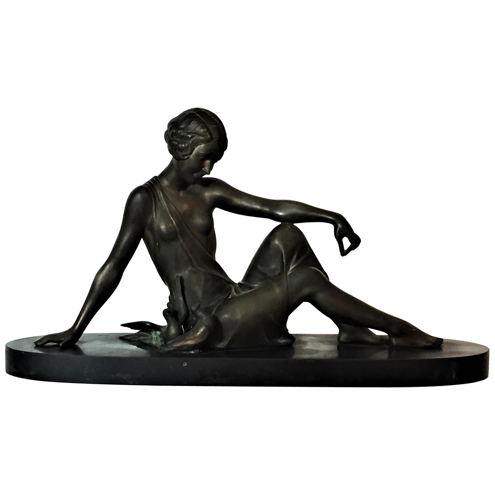 Godard Armand "Woman Sitting with Doves" Art Deco Sculpture black marble